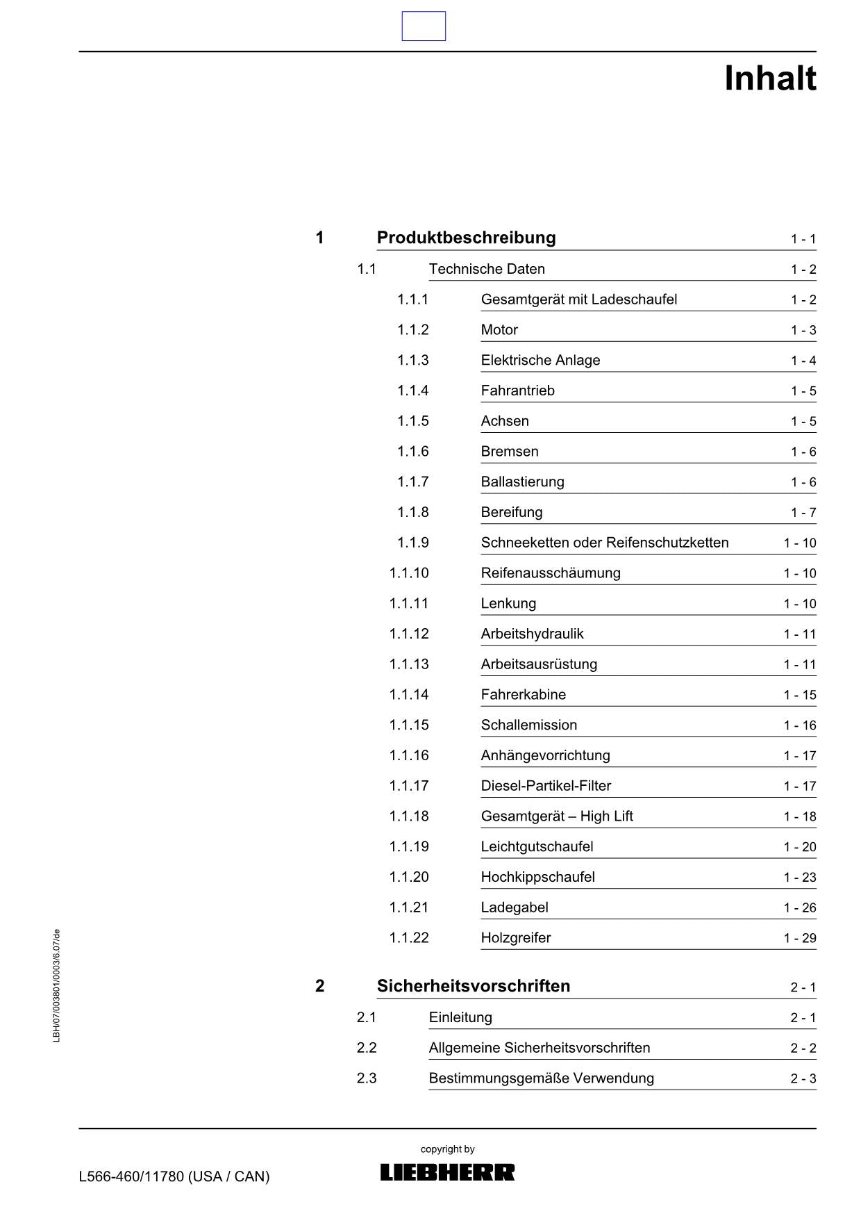 Liebherr L566 Radlader 2plus2 Betriebsanleitung ser 11780 USA CAN