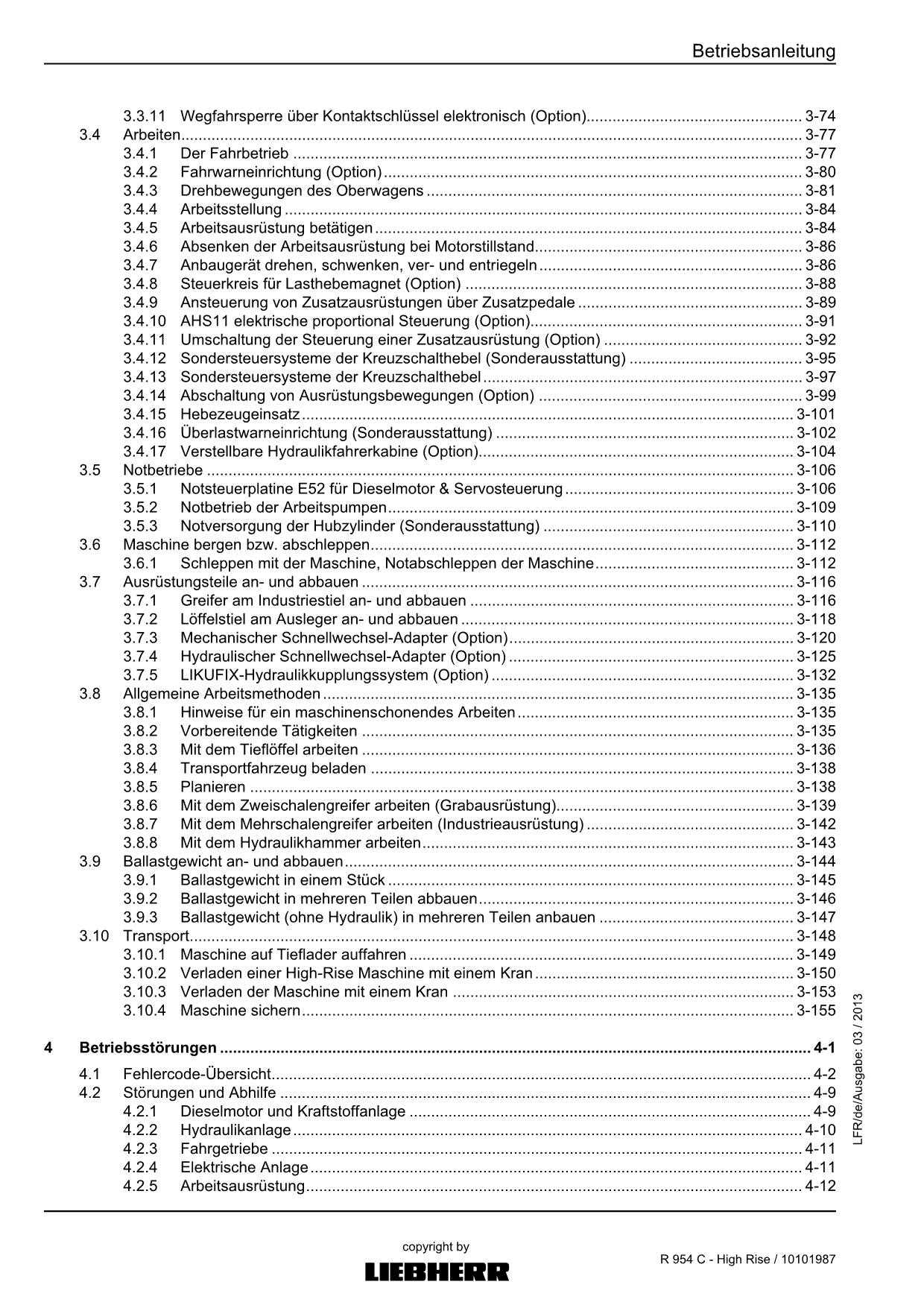 Liebherr R954 C High Rise Hydraulikbagger Betriebsanleitung