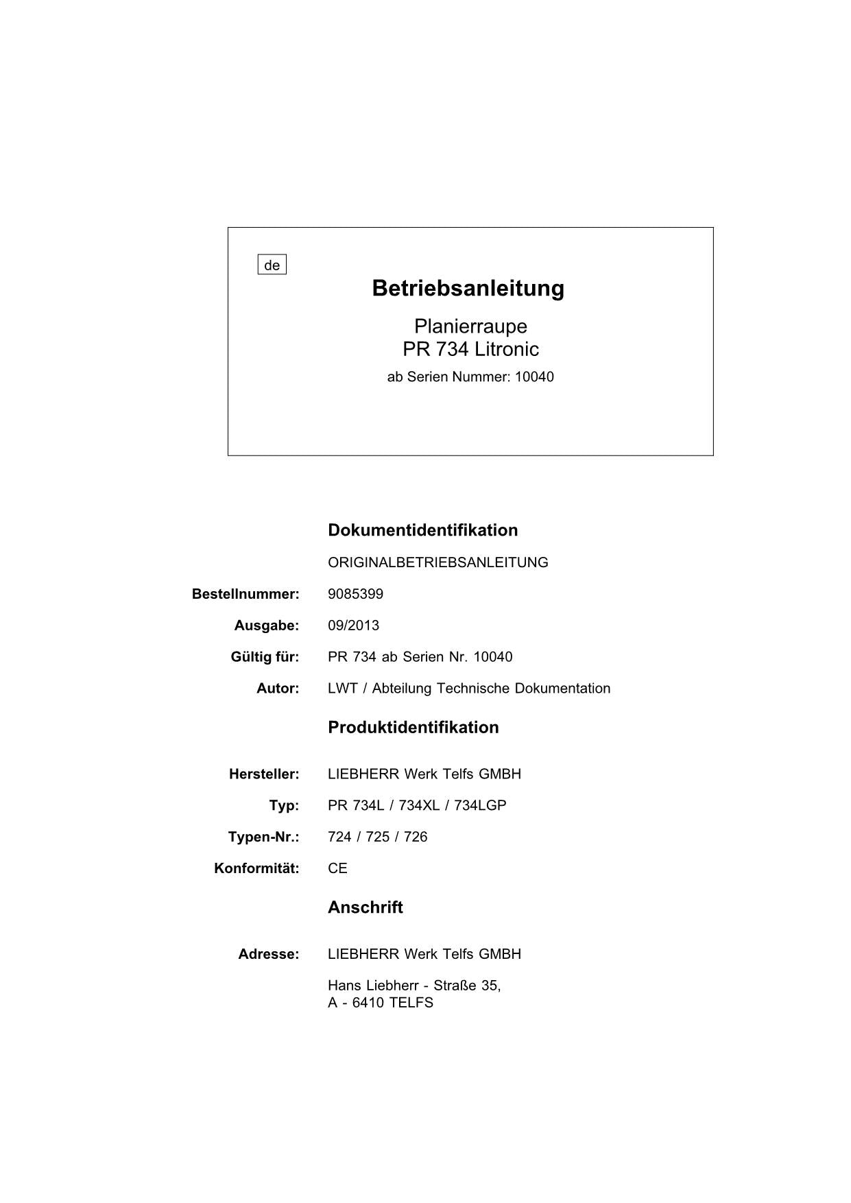 Liebherr PR734 Litronic Planierraupe Manuel d'instructions 9085399