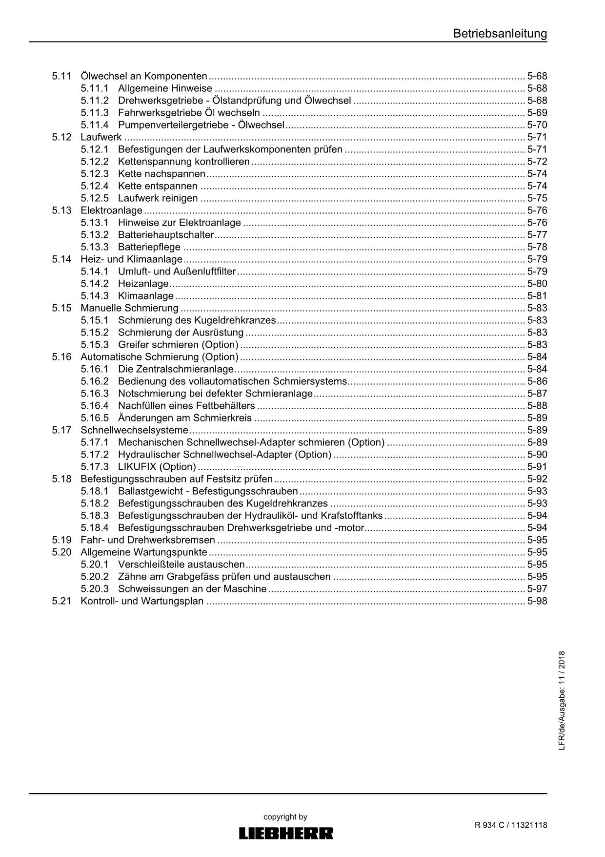 Liebherr R934 C Hydraulikbagger Betriebsanleitung 11321118
