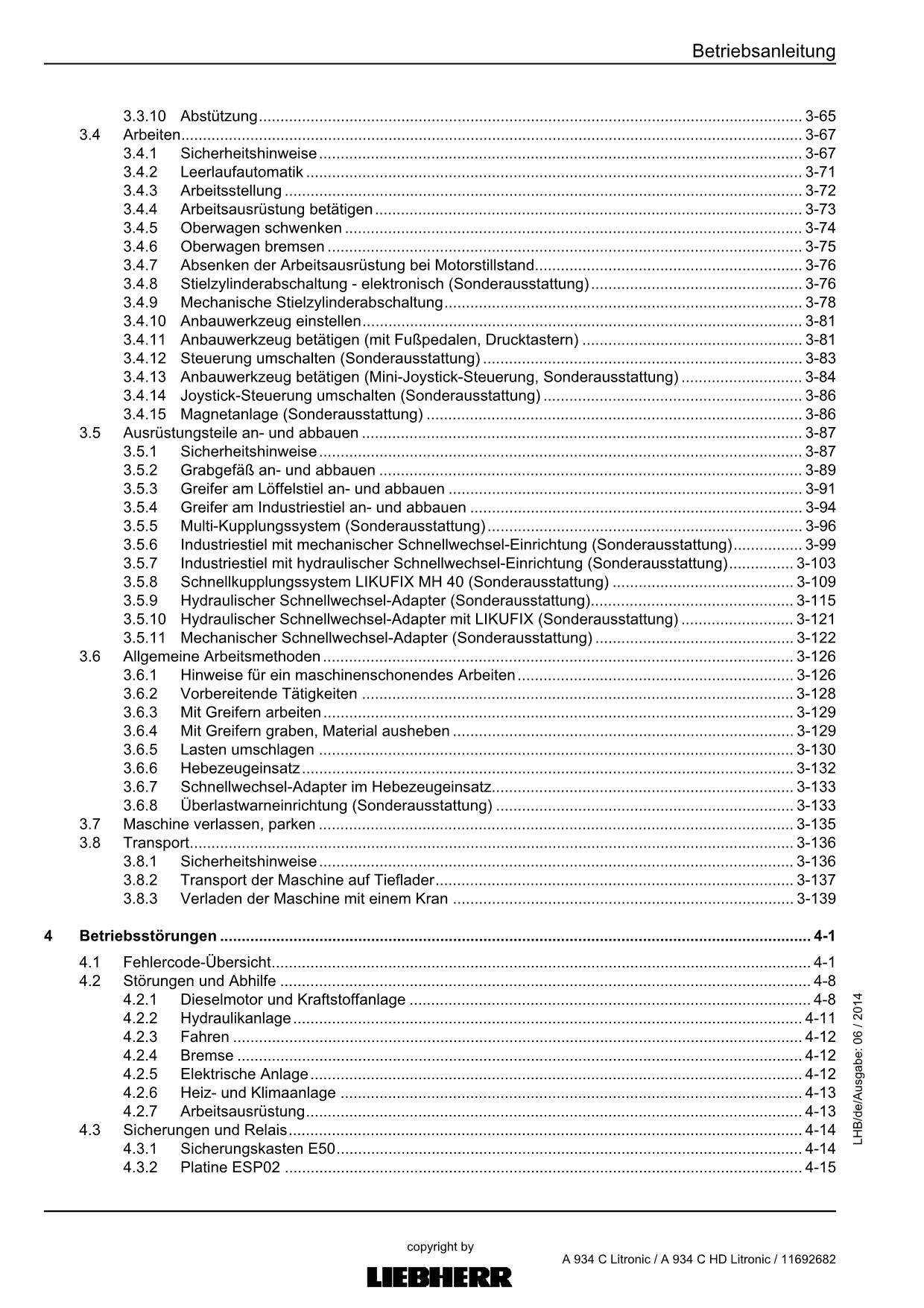 Liebherr A934 C A934 C HD Litronic Umschlaggerät Betriebsanleitung 61971