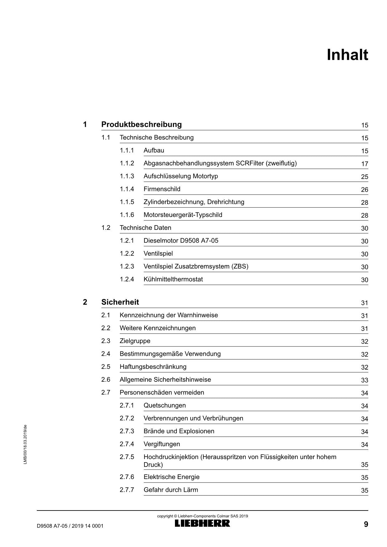 Liebherr D9508 A7-05 Dieselmotor Betriebsanleitung