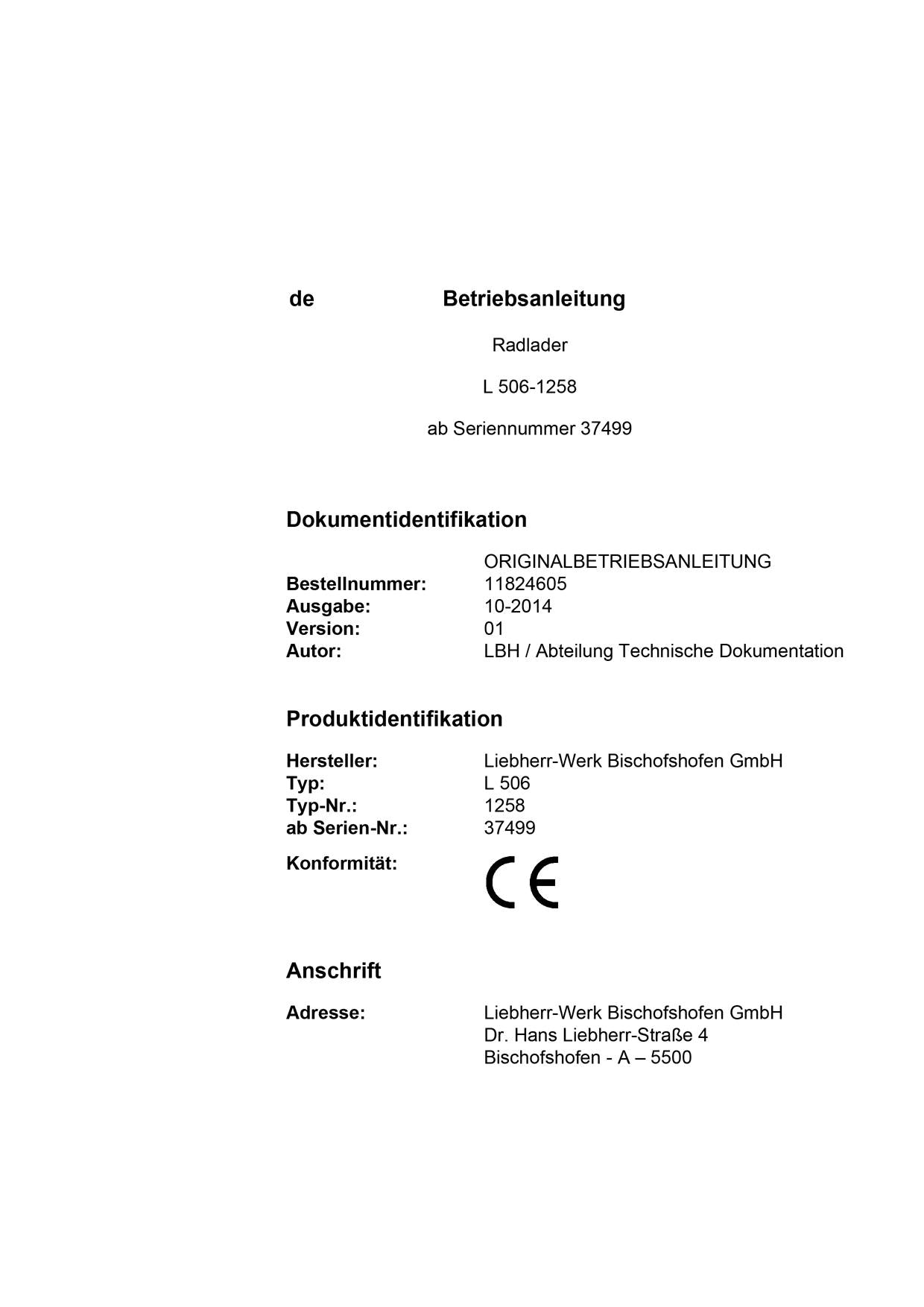 Liebherr L506 1258 Radlader Betriebsanleitung