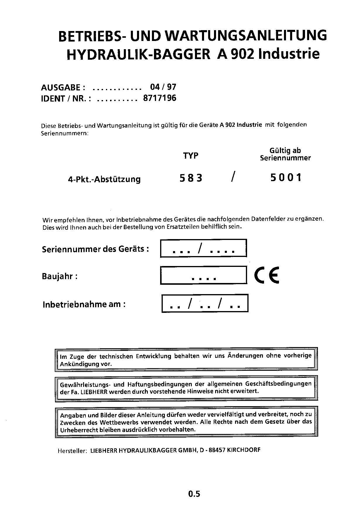 Liebherr A902 Industrie Hydraulikbagger Betriebsanleitung Wartungsanleitung