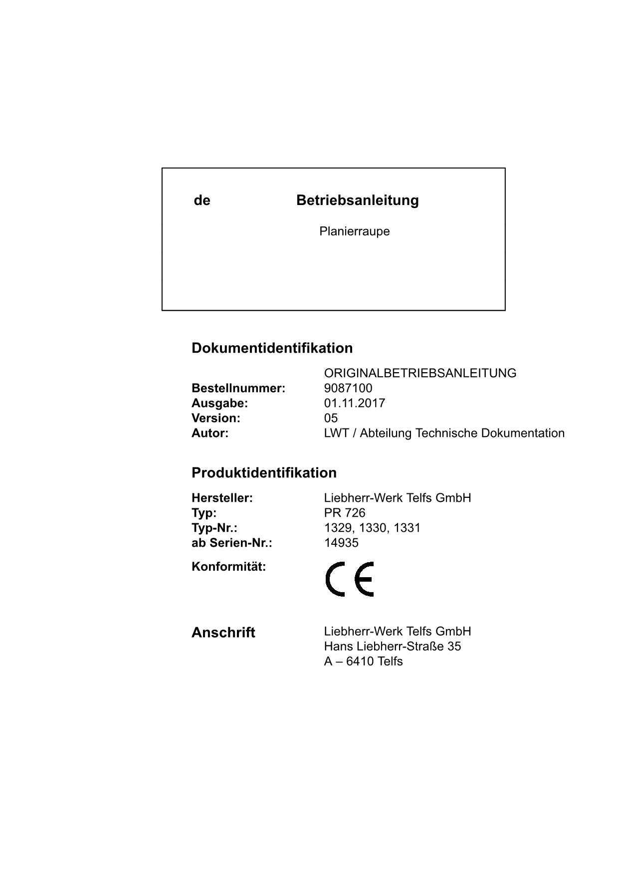 Liebherr PR726 Planierraupe Betriebsanleitung ser 14935