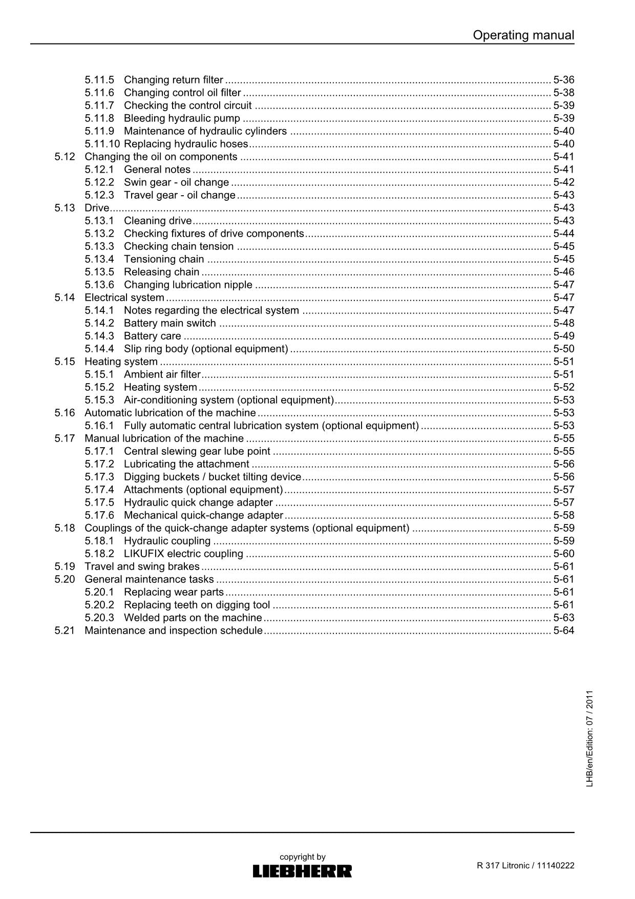 Liebherr R317 Litronic Excavator Operators manual serial 57182