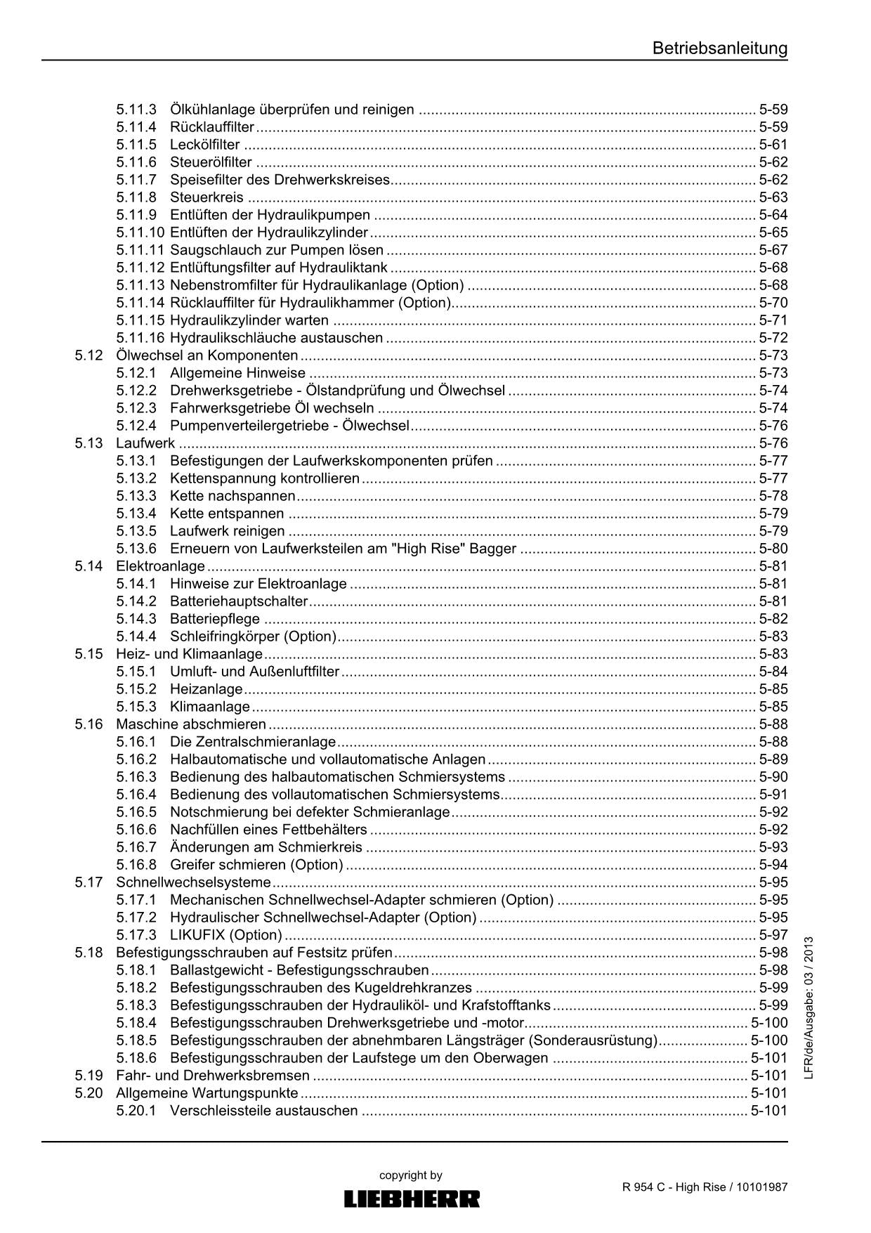 Liebherr R954 C High Rise Hydraulikbagger Betriebsanleitung