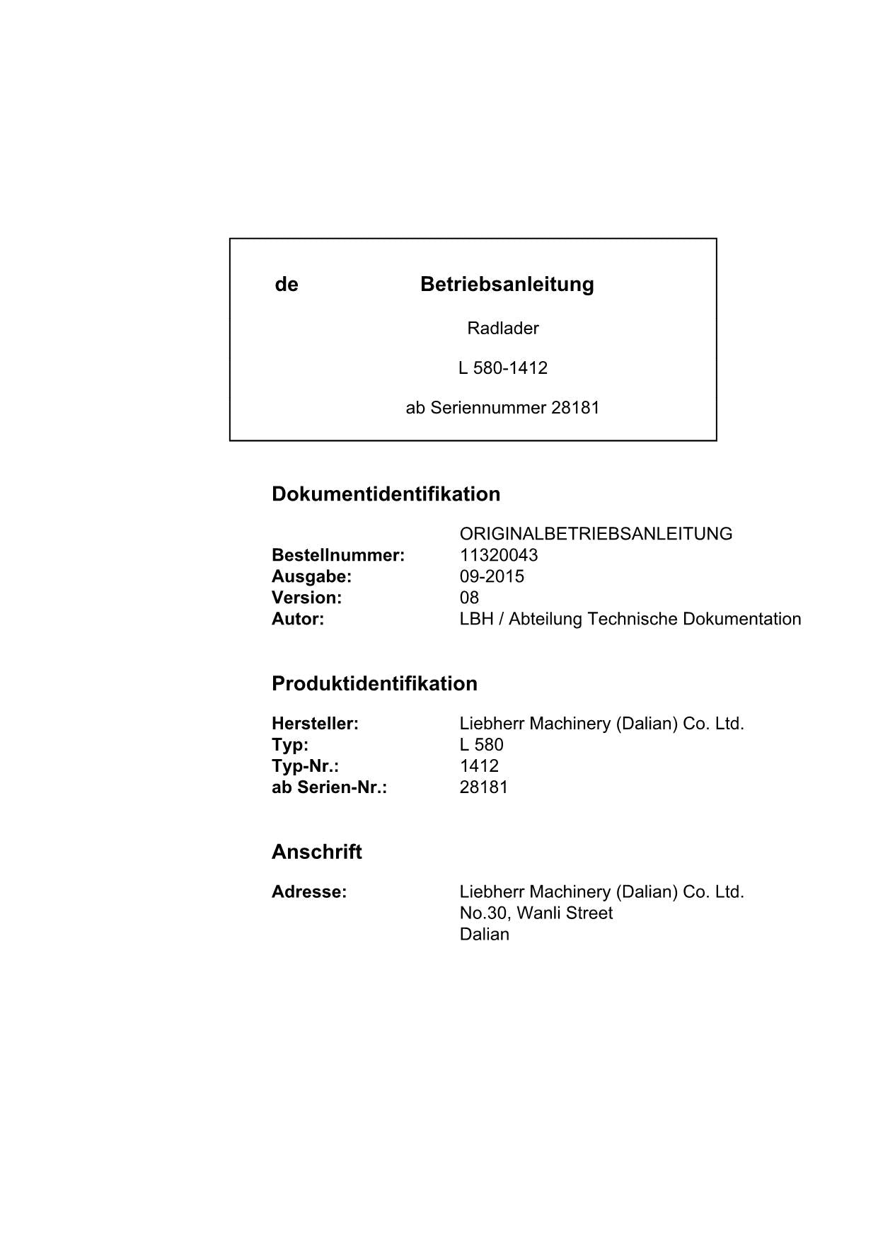 Liebherr L580 Radlader Betriebsanleitung ser 28181