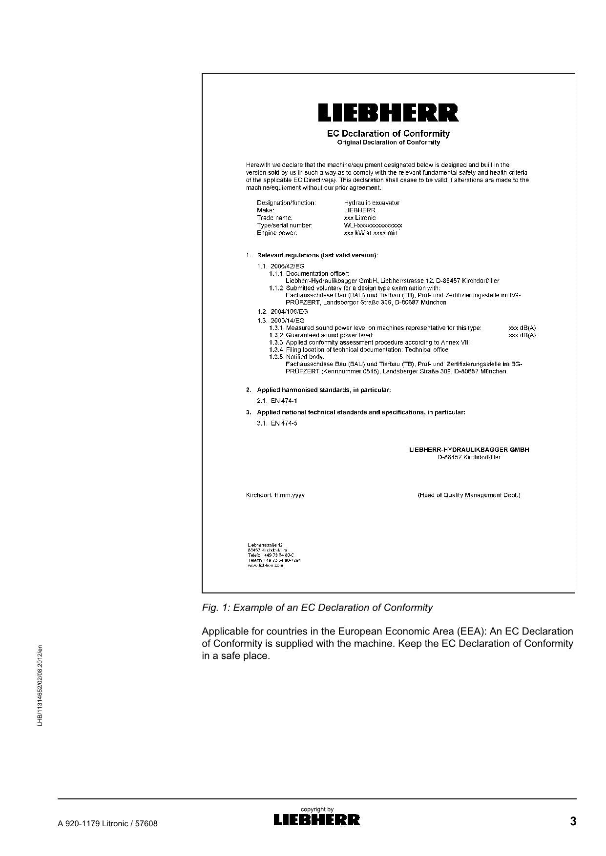 Manuel d'utilisation de la pelle Liebherr A920-1179 Litronic