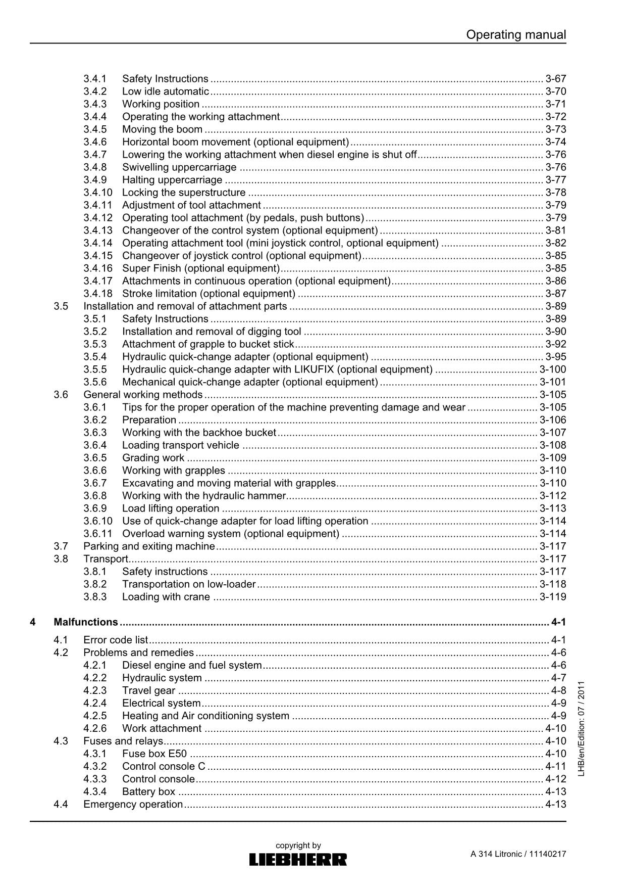 Liebherr A314 Litronic Excavator Operators manual