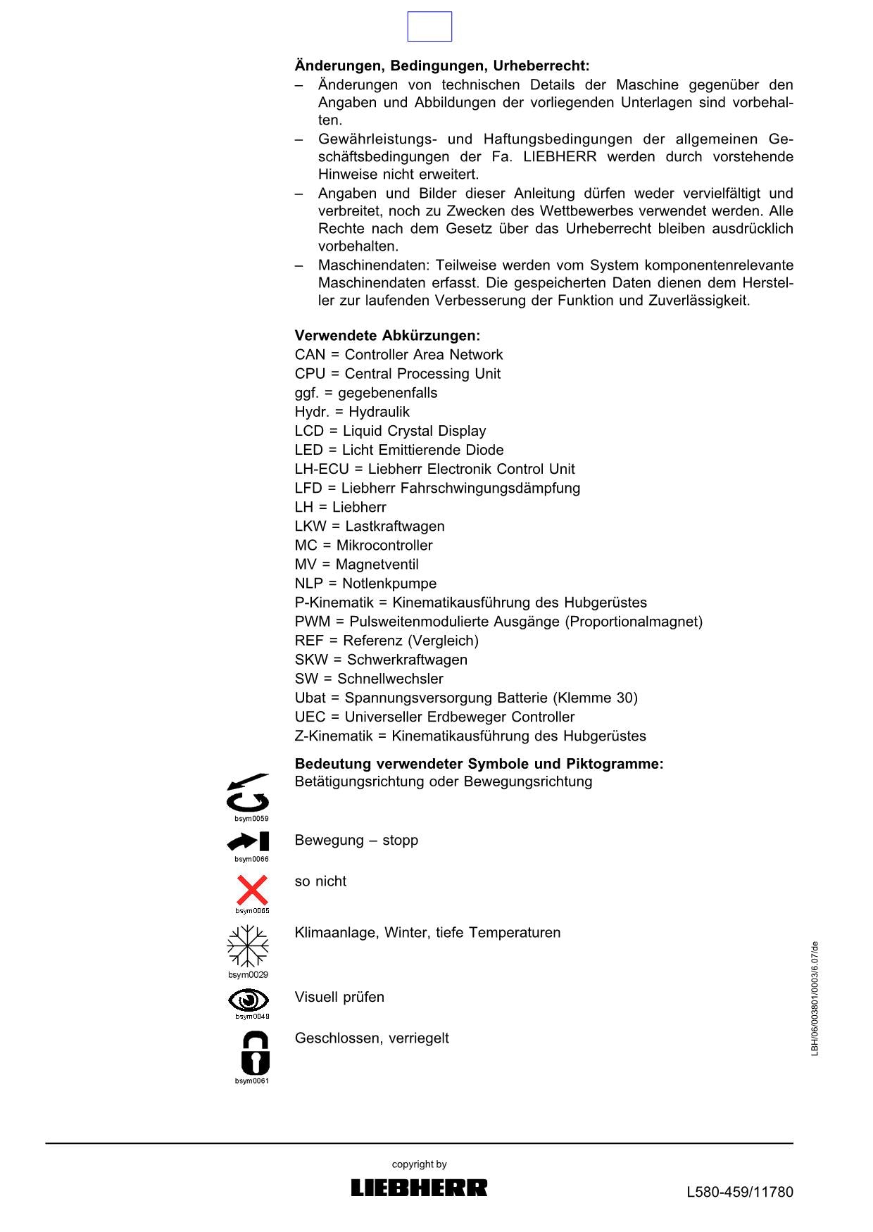 Liebherr L580 Radlader Betriebsanleitung ser 11780