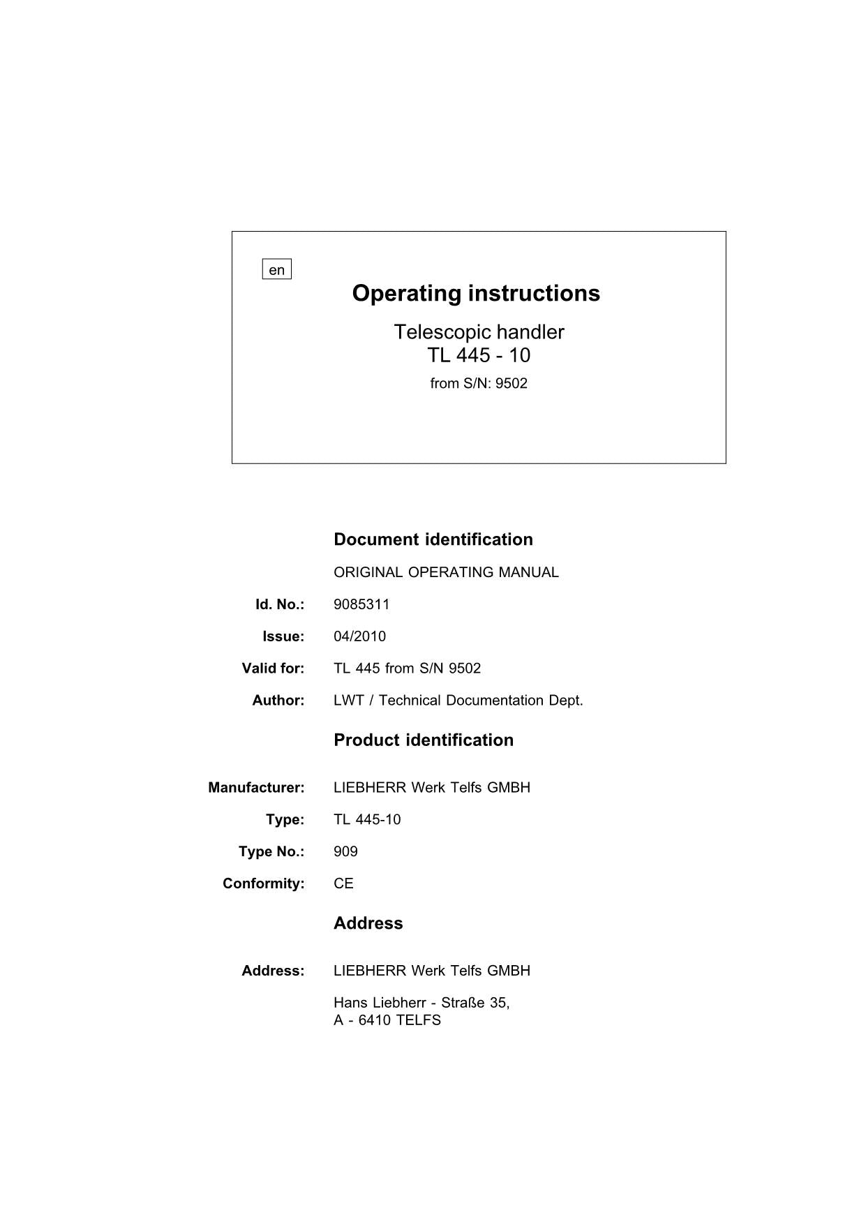 Liebherr TL445 - 10 Telescopic handler Operators manual