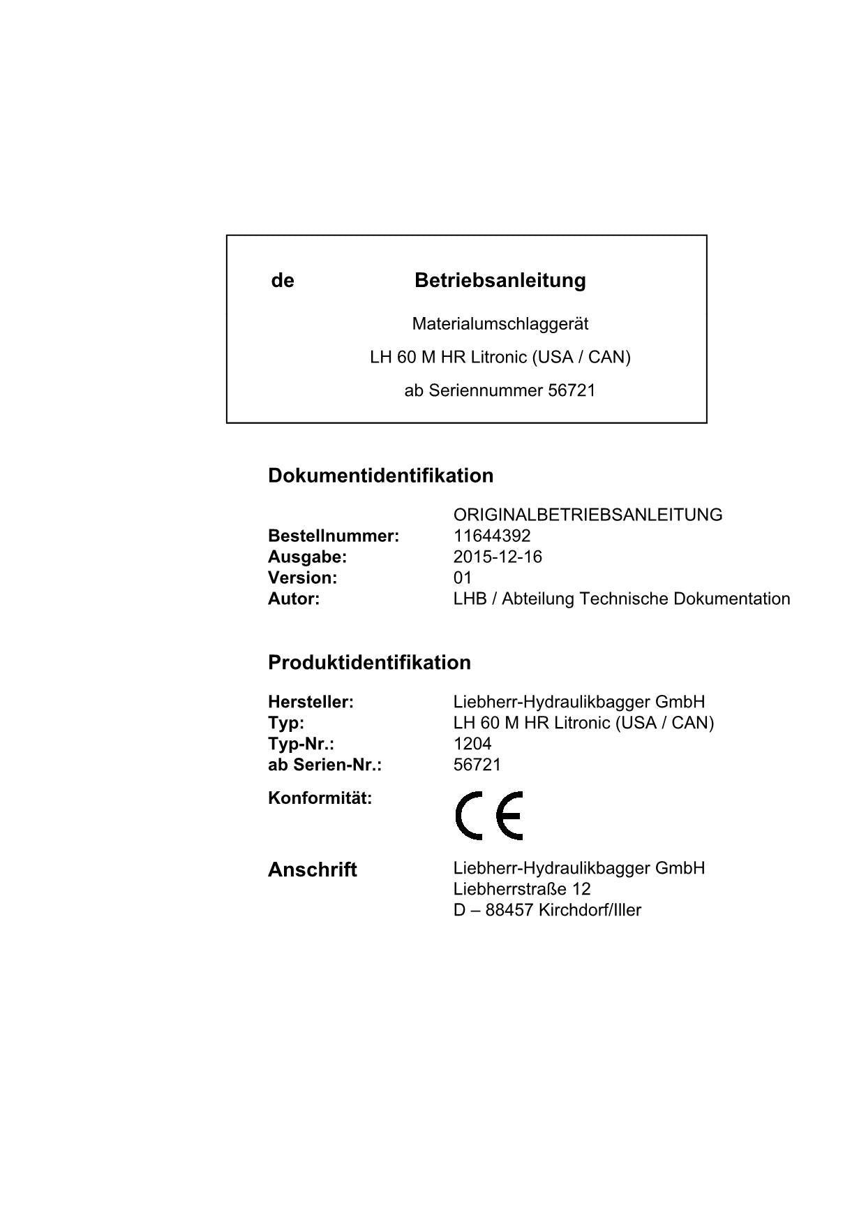 Liebherr LH60 M HRLitronic USACAN Materialumschlaggerät Betriebsanleitung