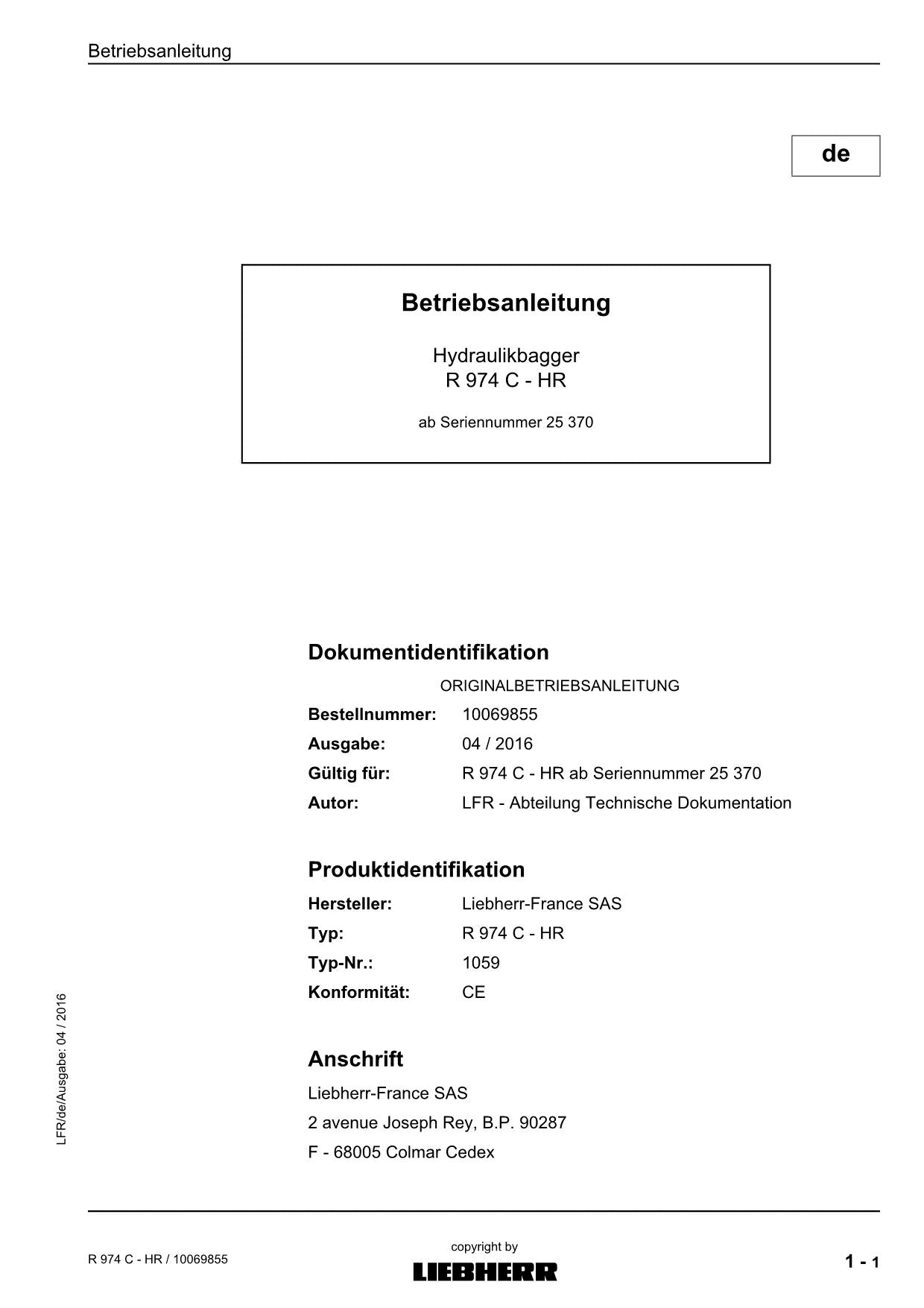 Liebherr R974 C HR Hydraulikbagger Betriebsanleitung