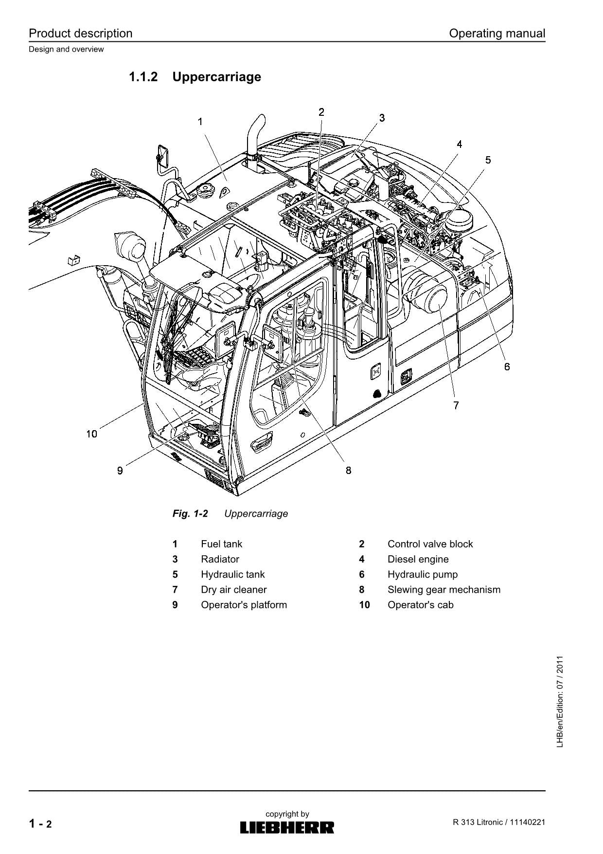 Manuel d'utilisation de la pelle Liebherr R313 Litronic, numéro de série 57082