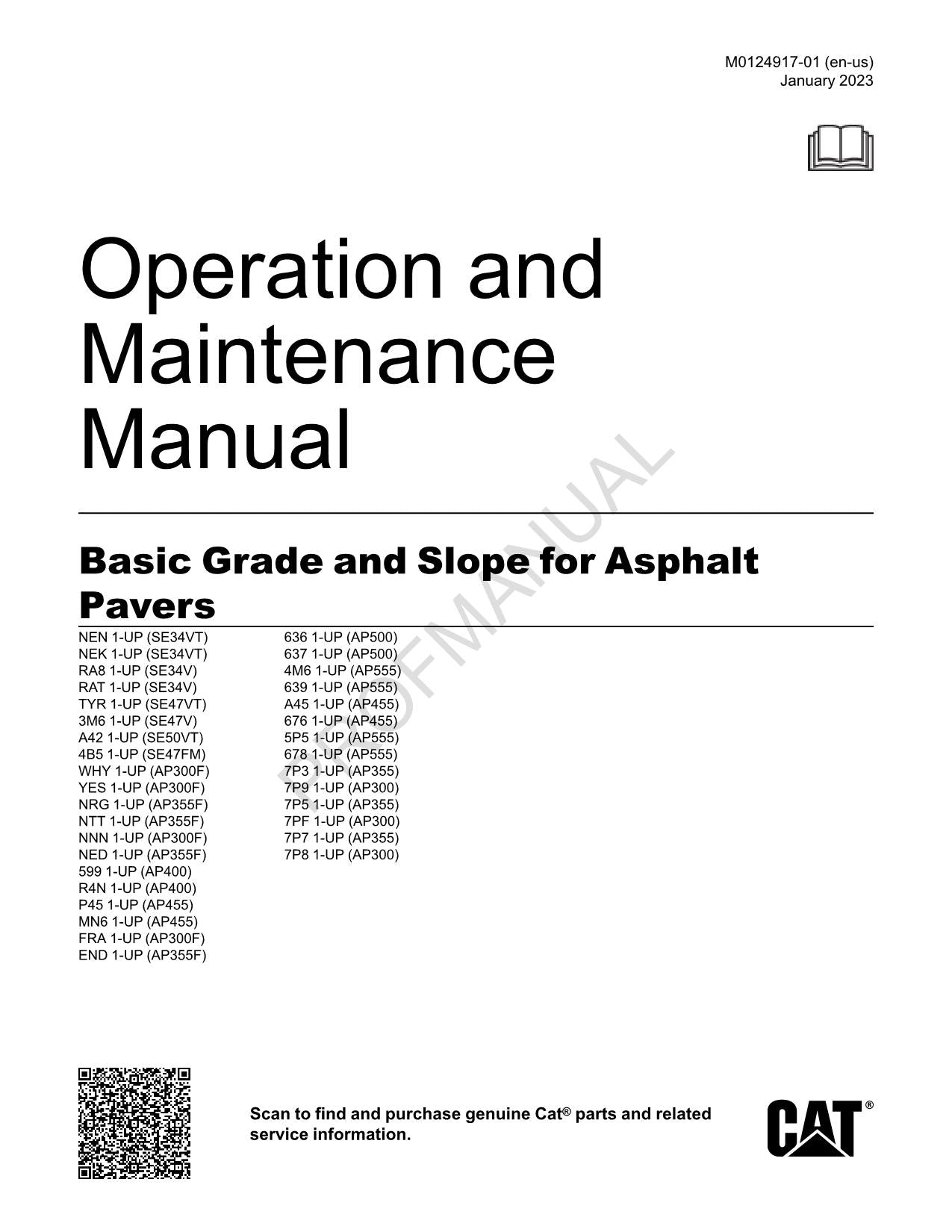 Wartungshandbuch für den Bediener des Asphaltfertigers Caterpillar Basic Grade Slope