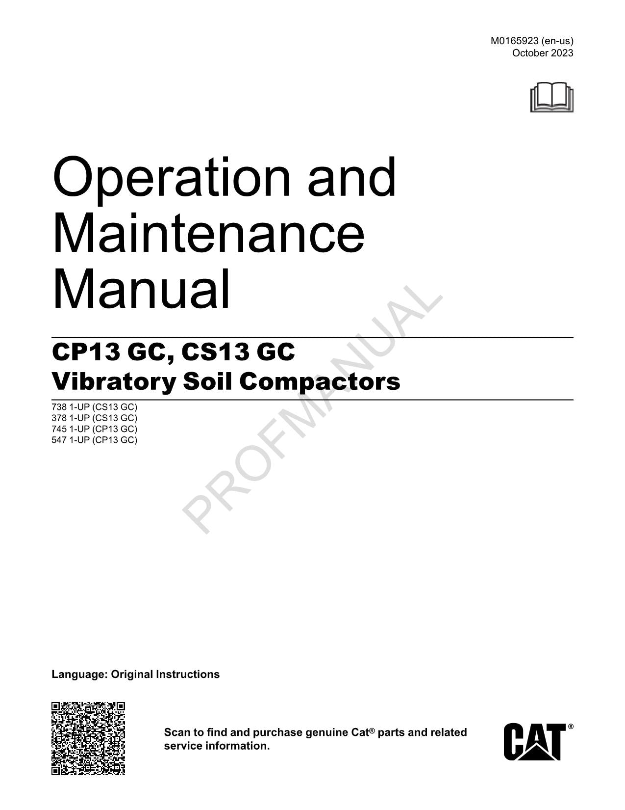 Caterpillar CP13 GC CS13 GC Vibratory Soil Compactor Operators Manual