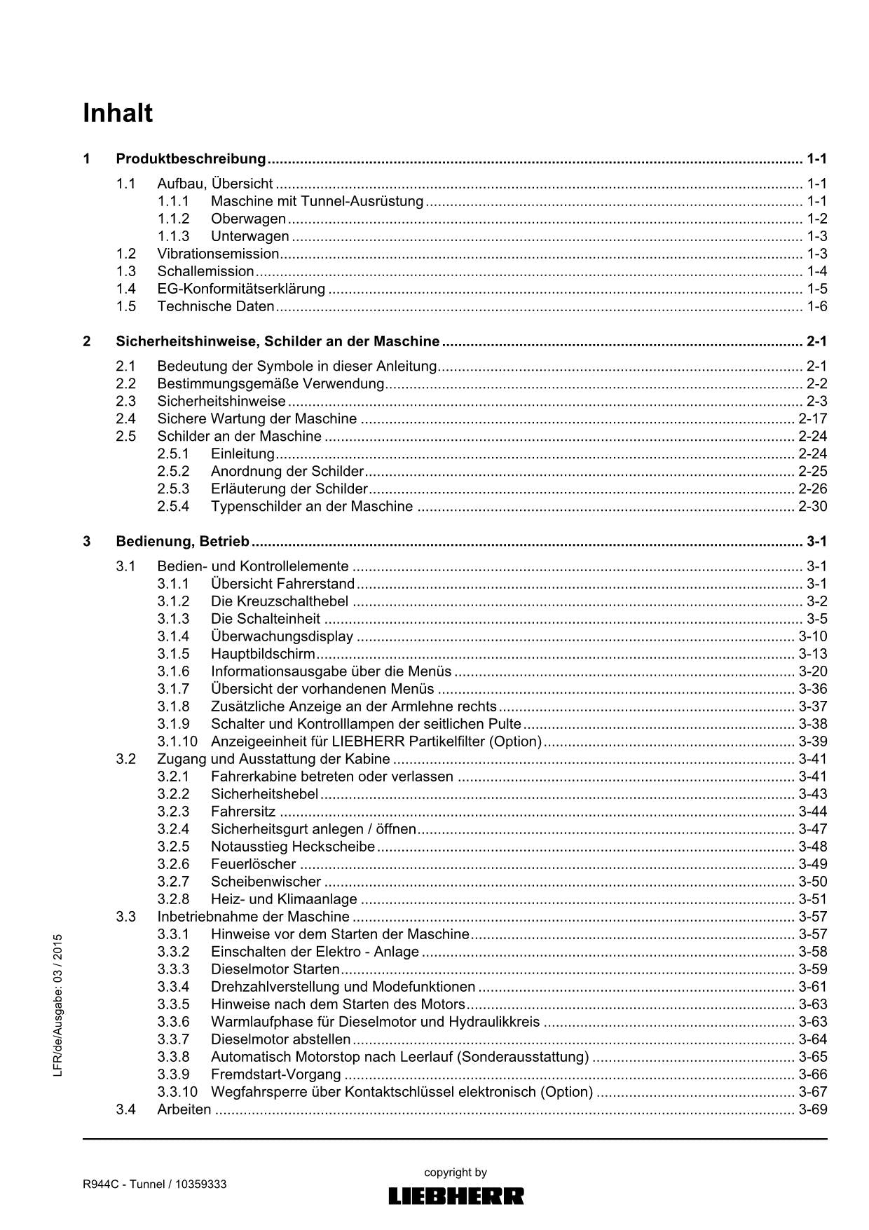 Liebherr R944 C Tunnel Hydraulikbagger Betriebsanleitung 2015