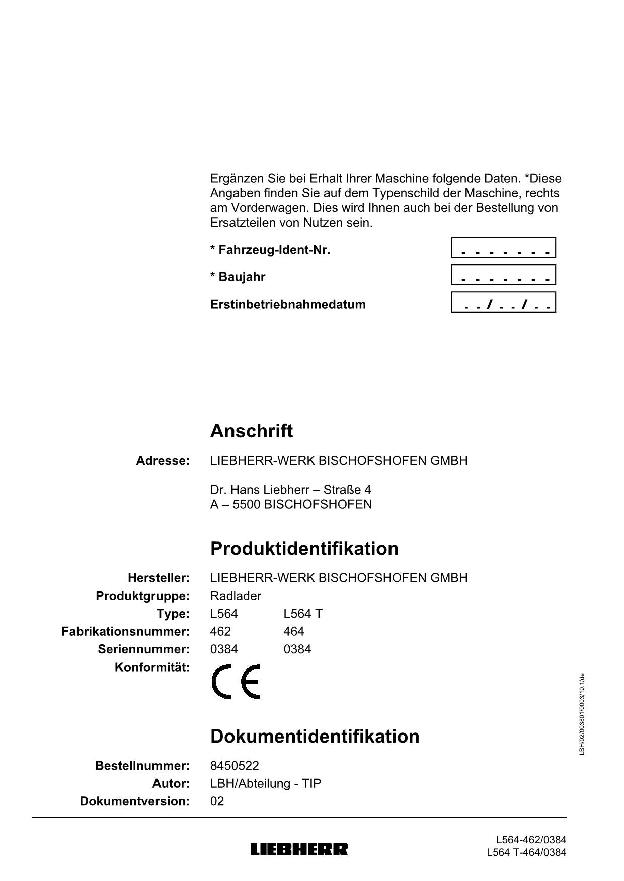 Liebherr L564 L564 T Radlader Betriebsanleitung ser 0384