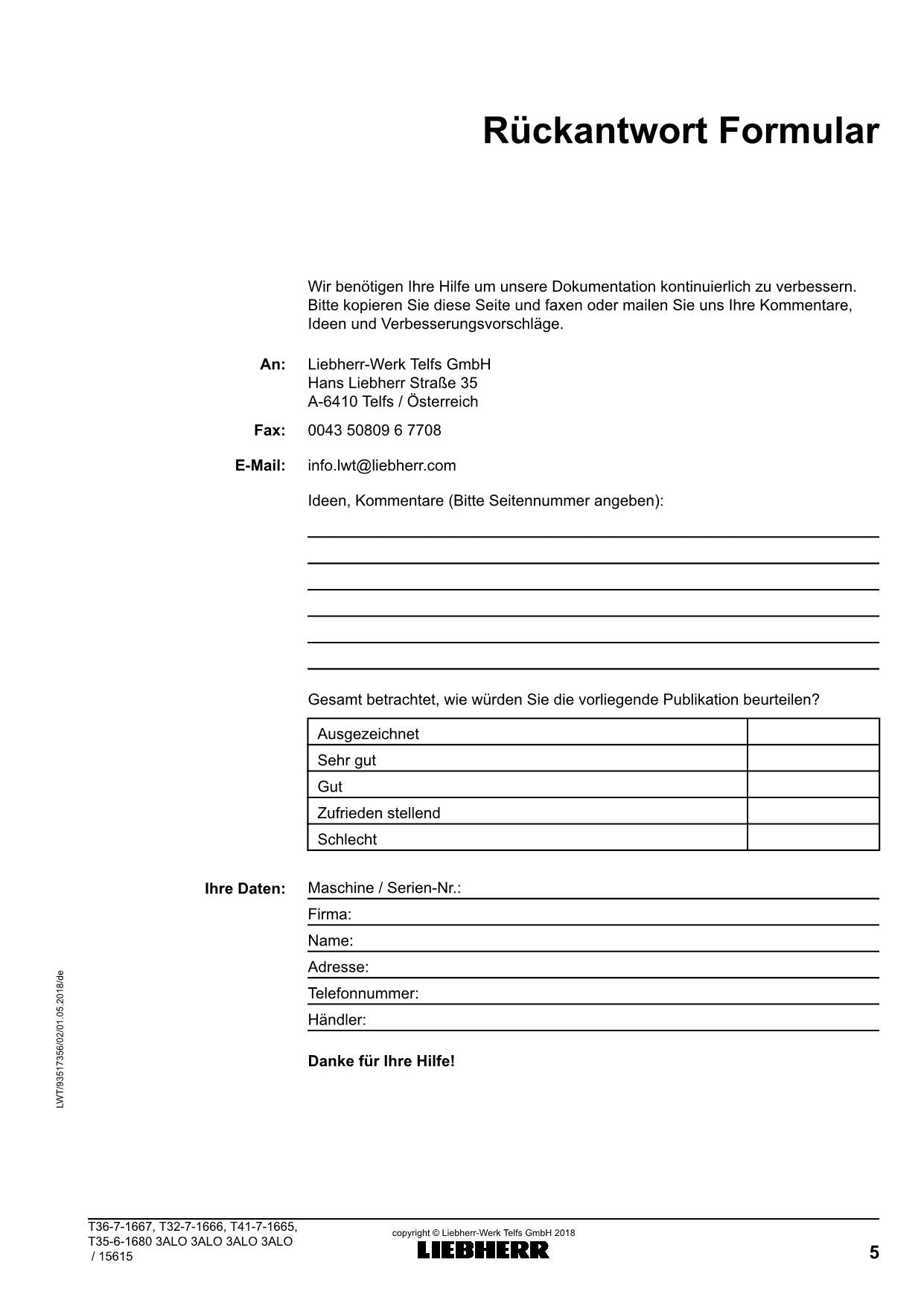 Liebherr T32-7 35-6 36-7 41-7 3A Teleskoplader Betriebsanleitung