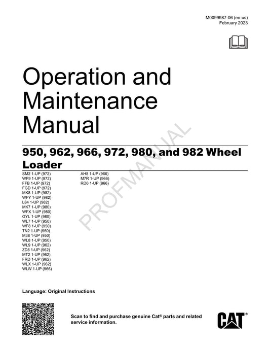 Caterpillar 950 962 966 972 980 982 Wheel Loader Operators Manual M0099987EN-US