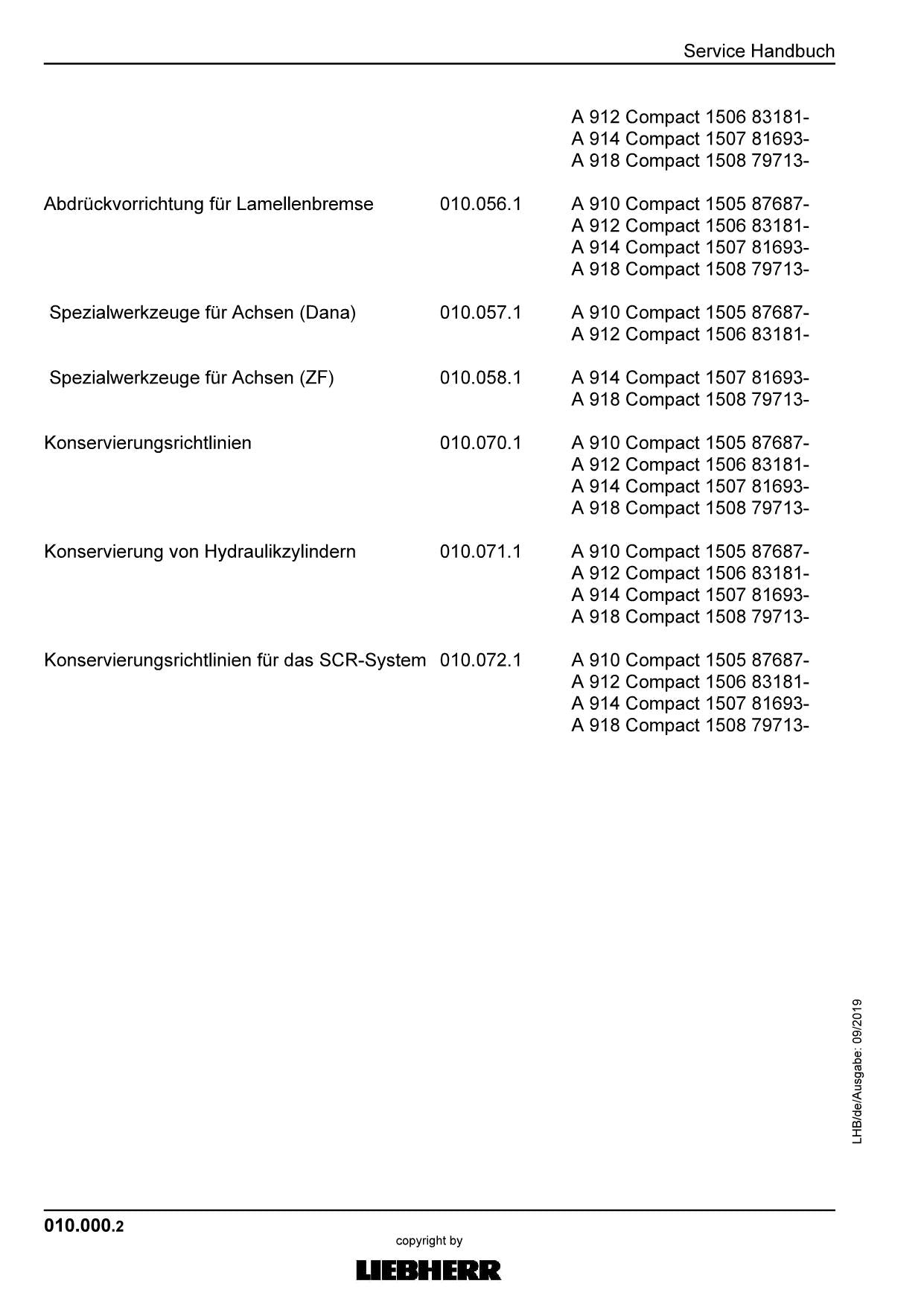 Liebherr A910 A912 A914 A918 Compact bagger Reparaturhandbuch Werkstatthandbuch