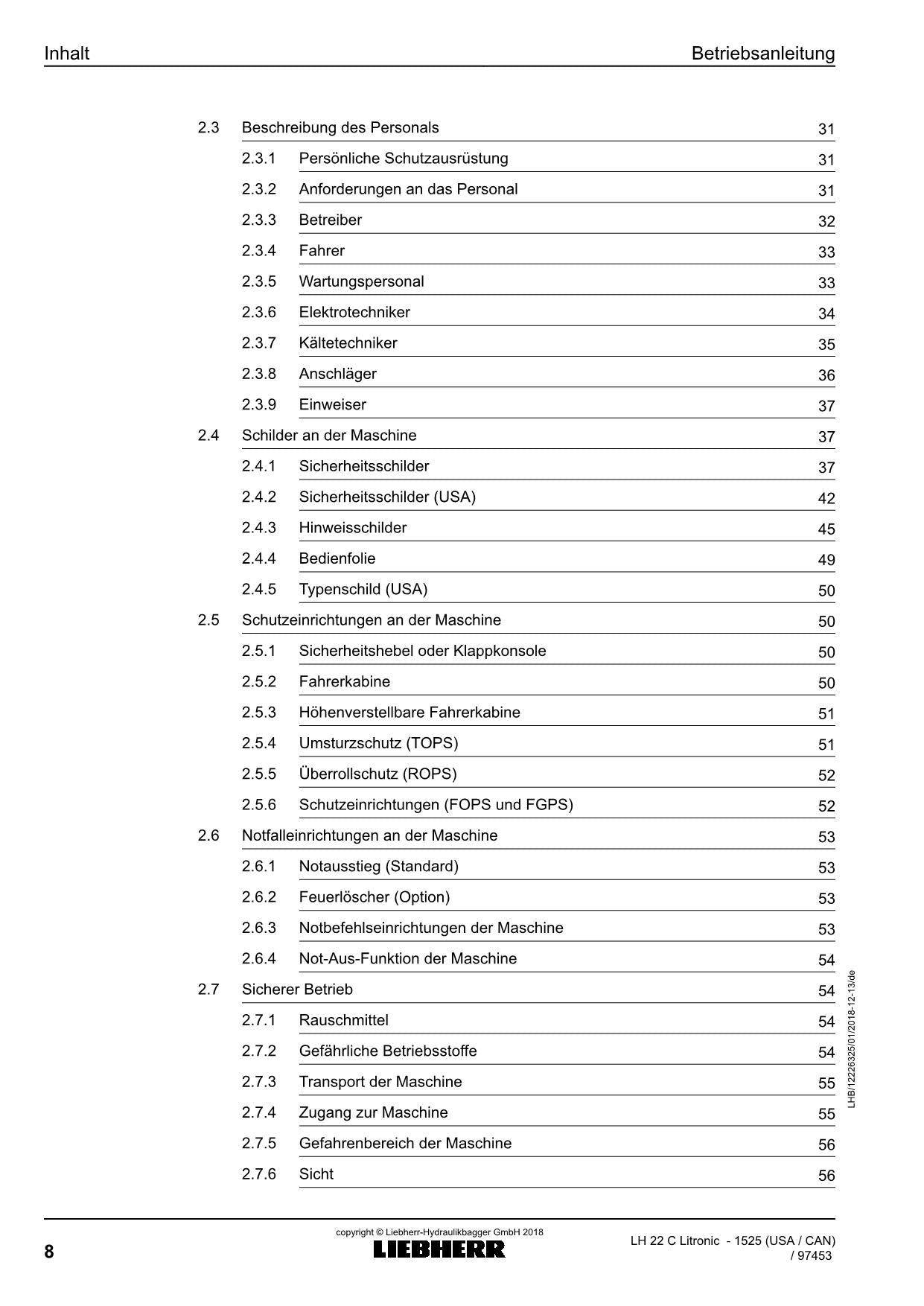 Liebherr LH22 C Litronic Materialumschlaggerät Betriebsanleitung typ 1525 USA