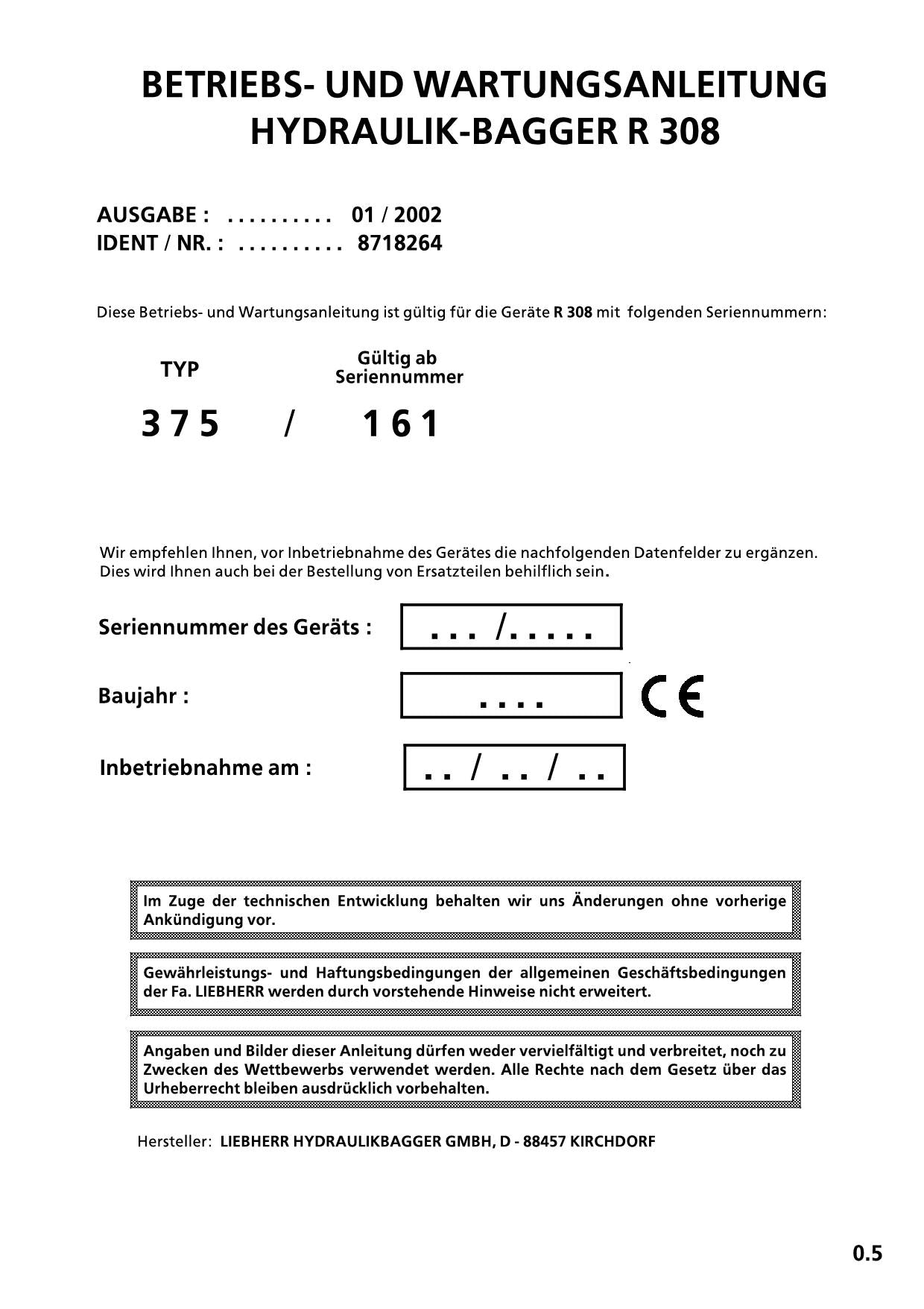 Liebherr R308 Hydraulikbagger Manuel d'instructions Manuel d'entretien