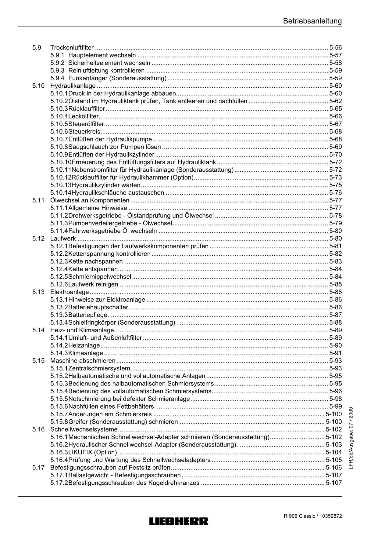 Liebherr R906 Classic Hydraulikbagger Betriebsanleitung Wartungsanleitung