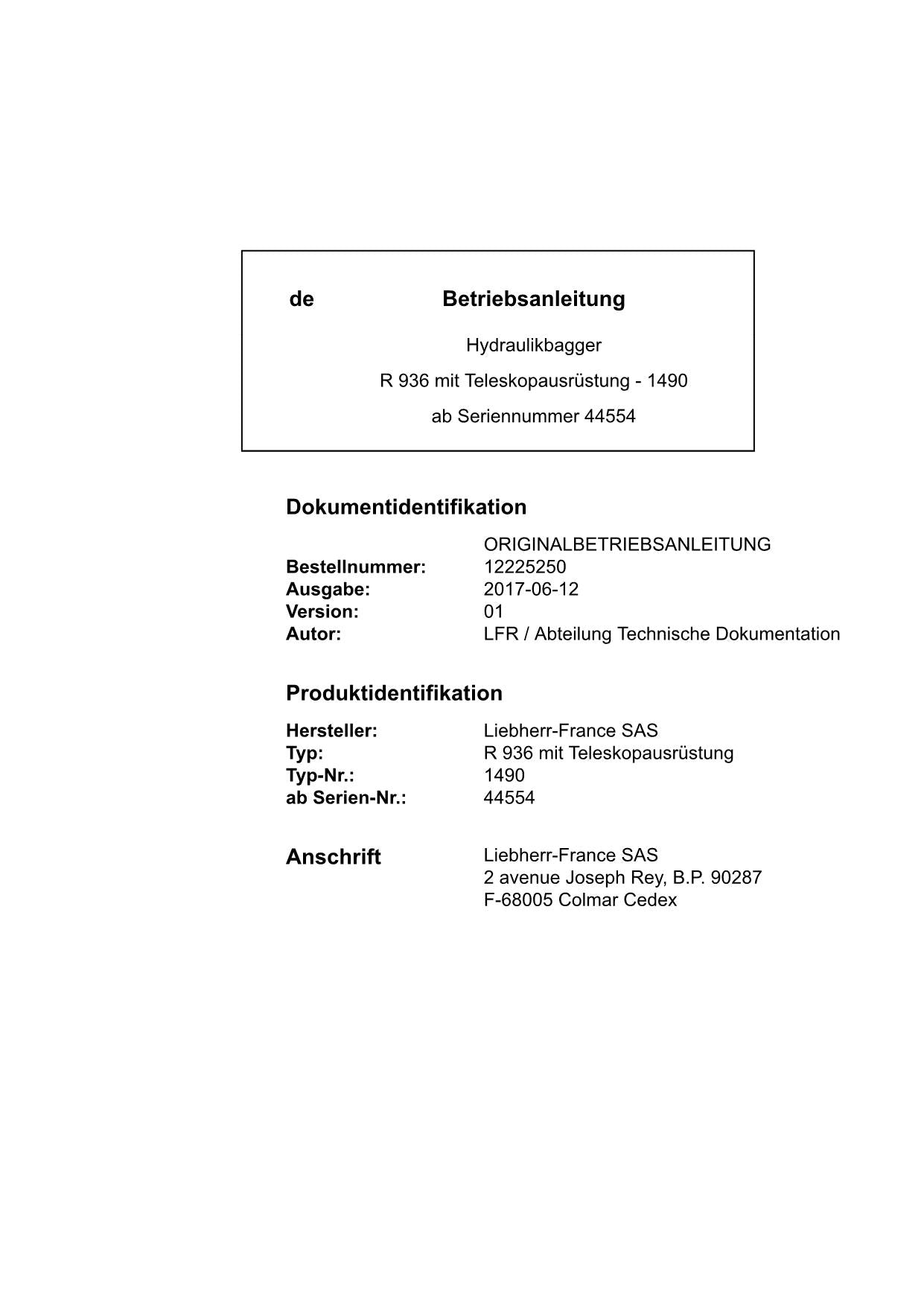 Liebherr R936 miTTeleskopausrüstung Hydraulikbagger Betriebsanleitung ser 44554