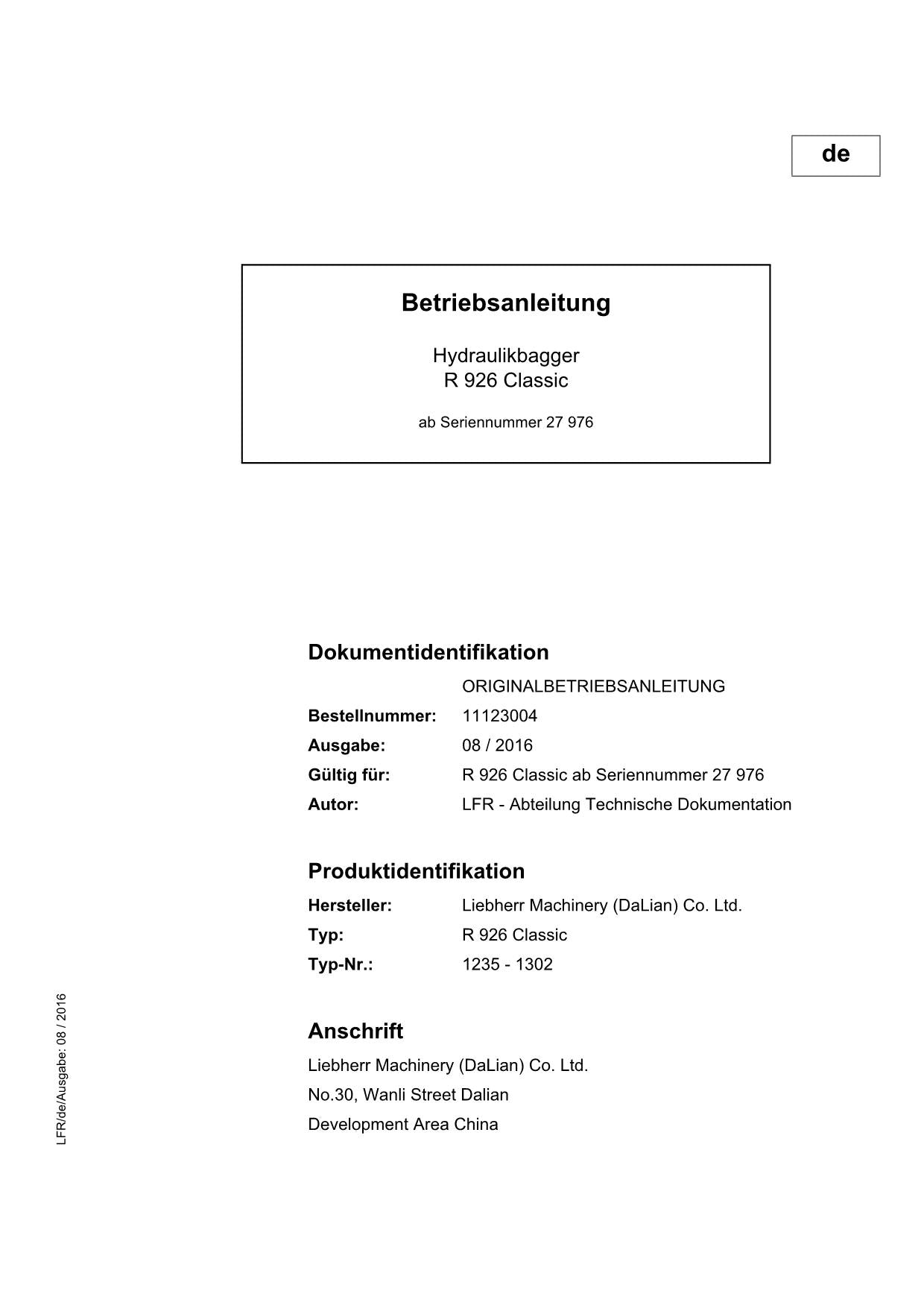 Liebherr R926 Classic Hydraulikbagger Manuel d'instructions ser 27976