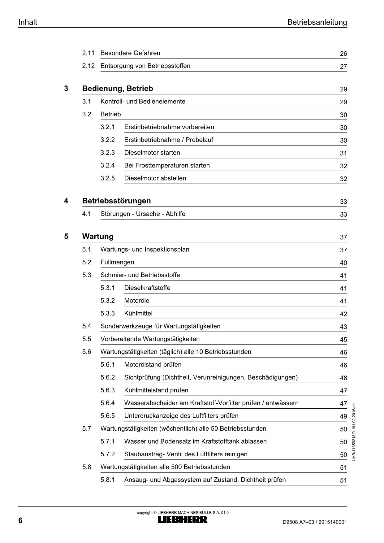Liebherr D9508 A7-03 Dieselmotor Betriebsanleitung
