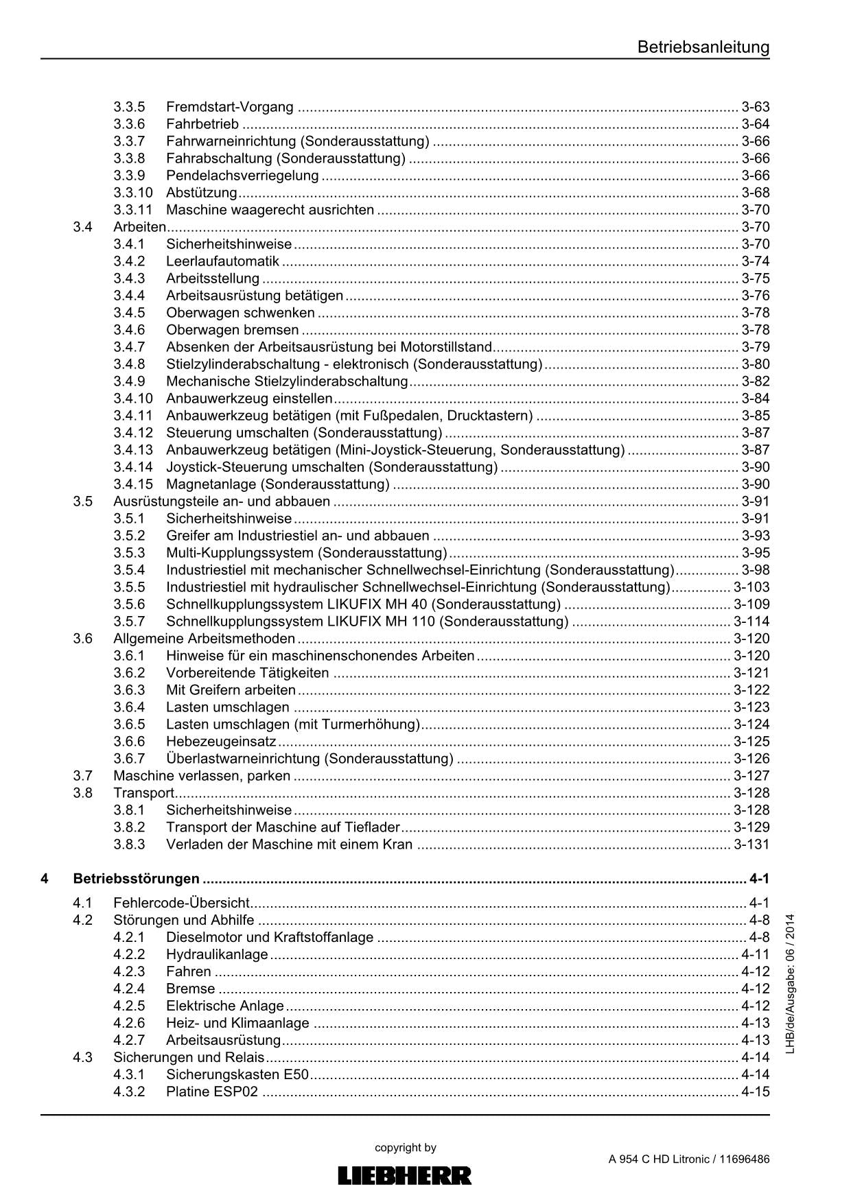 Liebherr A954 C HD Litronic Umschlaggerät Betriebsanleitung 11696486