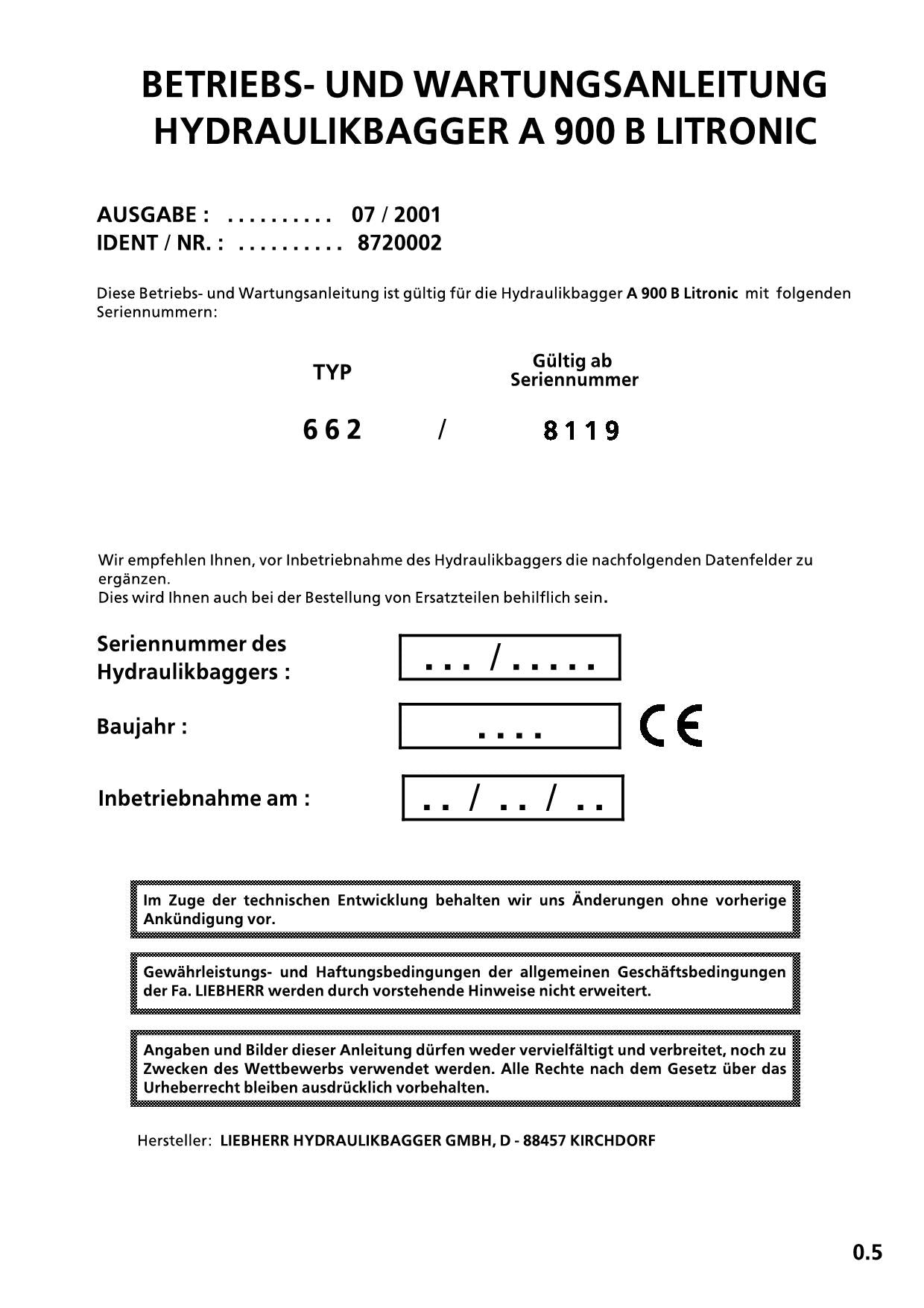 Liebherr A900 B Hydraulikbagger Betriebsanleitung Wartungsanleitung