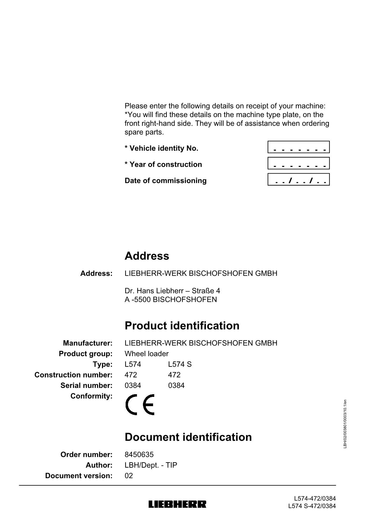 Liebherr L574 L574 S Wheel Loader Operators manual serial 0384