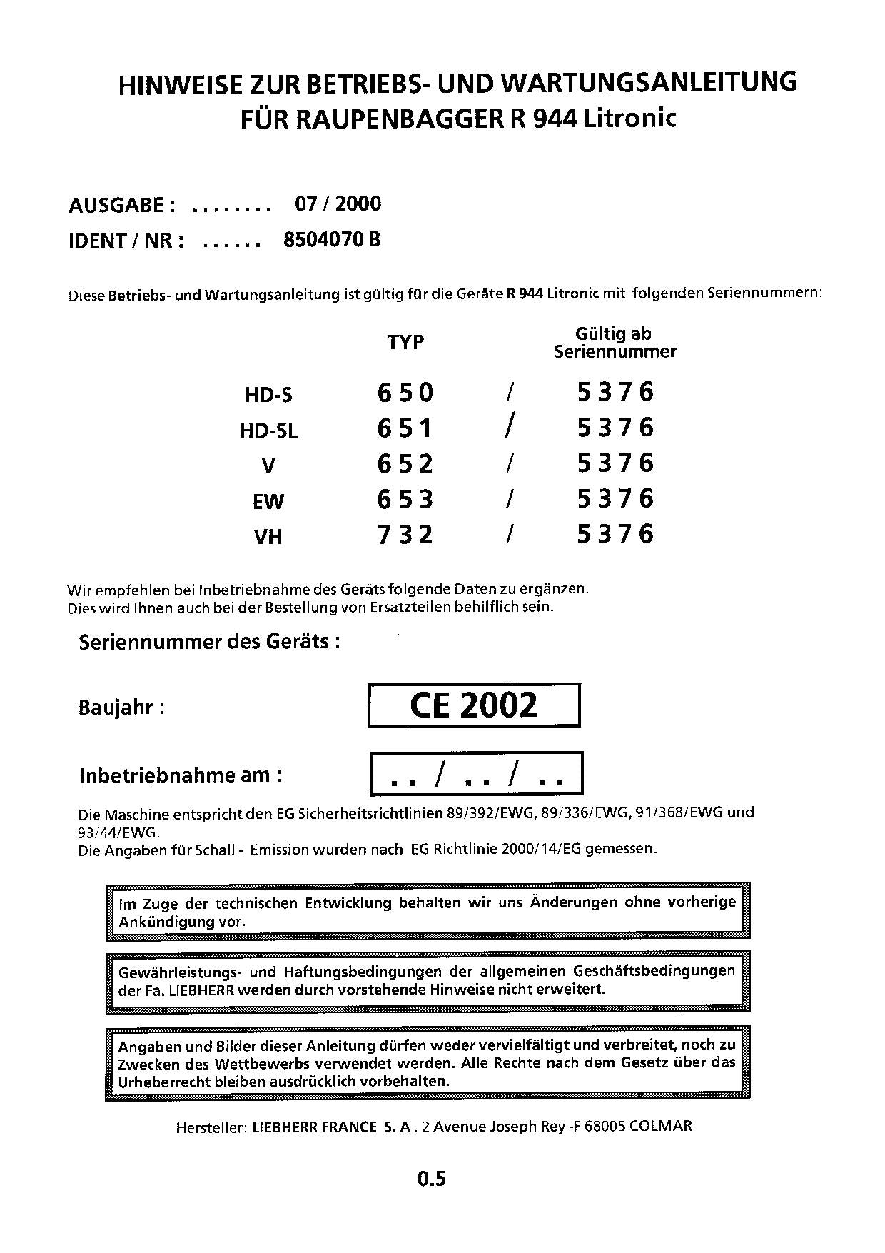 Liebherr R944 Litronic Hydraulikbagger Manuel d'instructions Manuel d'entretien