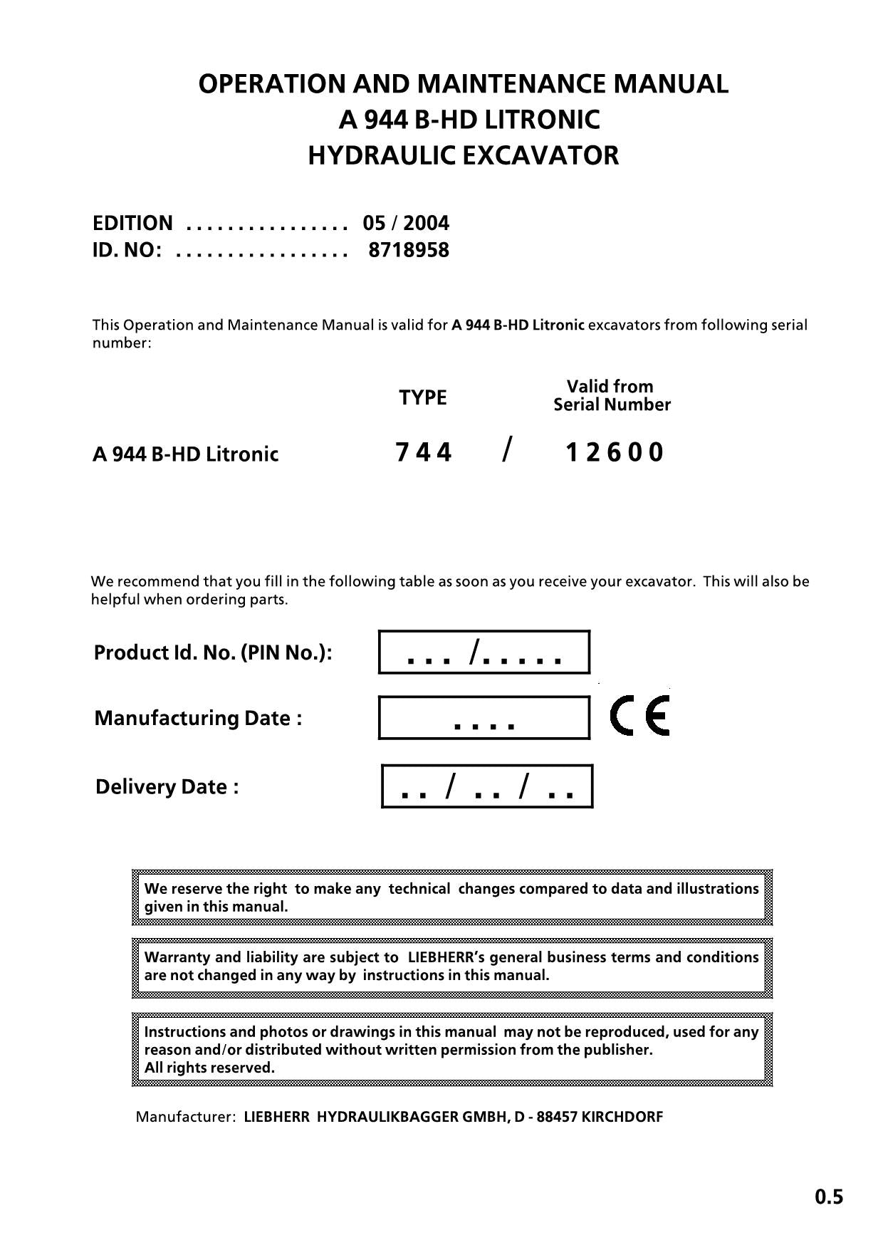 Liebherr A944 B-HD LITRONIC Excavator Operators manual