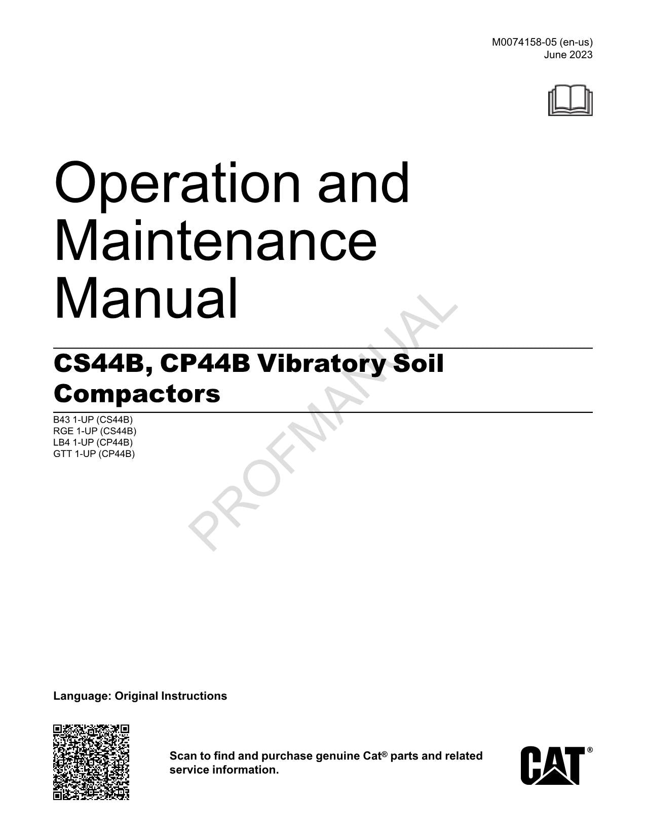 Caterpillar CS44B CP44B Vibratory Soil Compactor Operators Manual M0074158EN-US