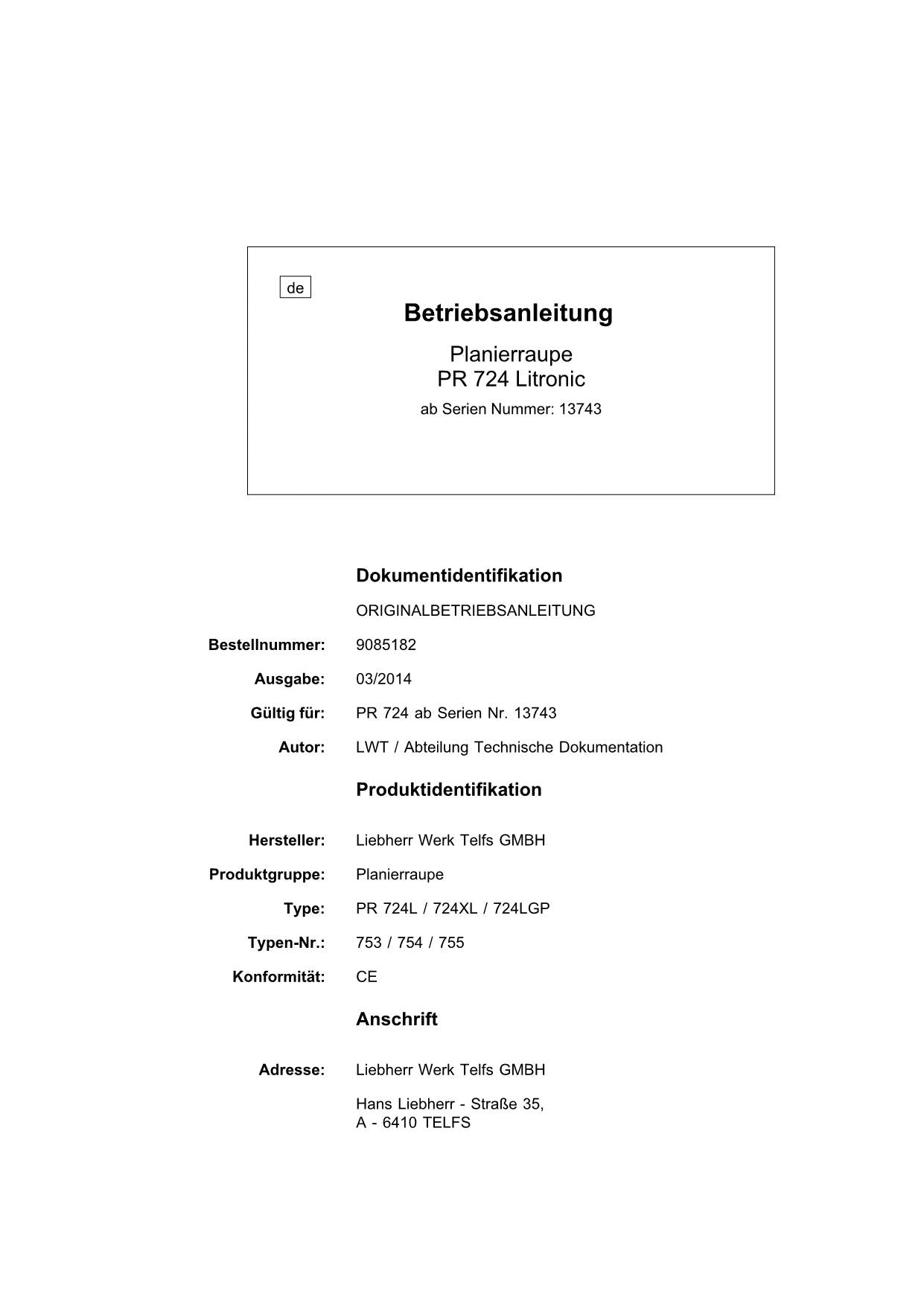 Liebherr PR724 Litronic Planierraupe Manuel d'instructions 9085182 typ 13743