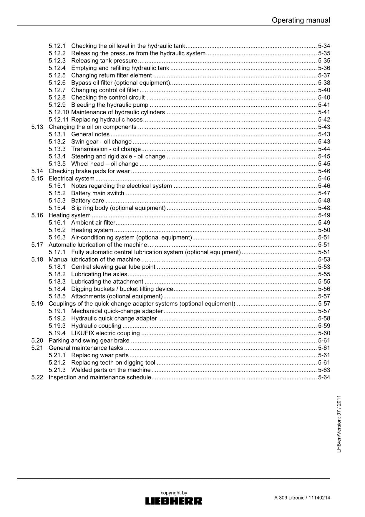 Liebherr A309 Litronic Excavator  Operators manual serial 57249