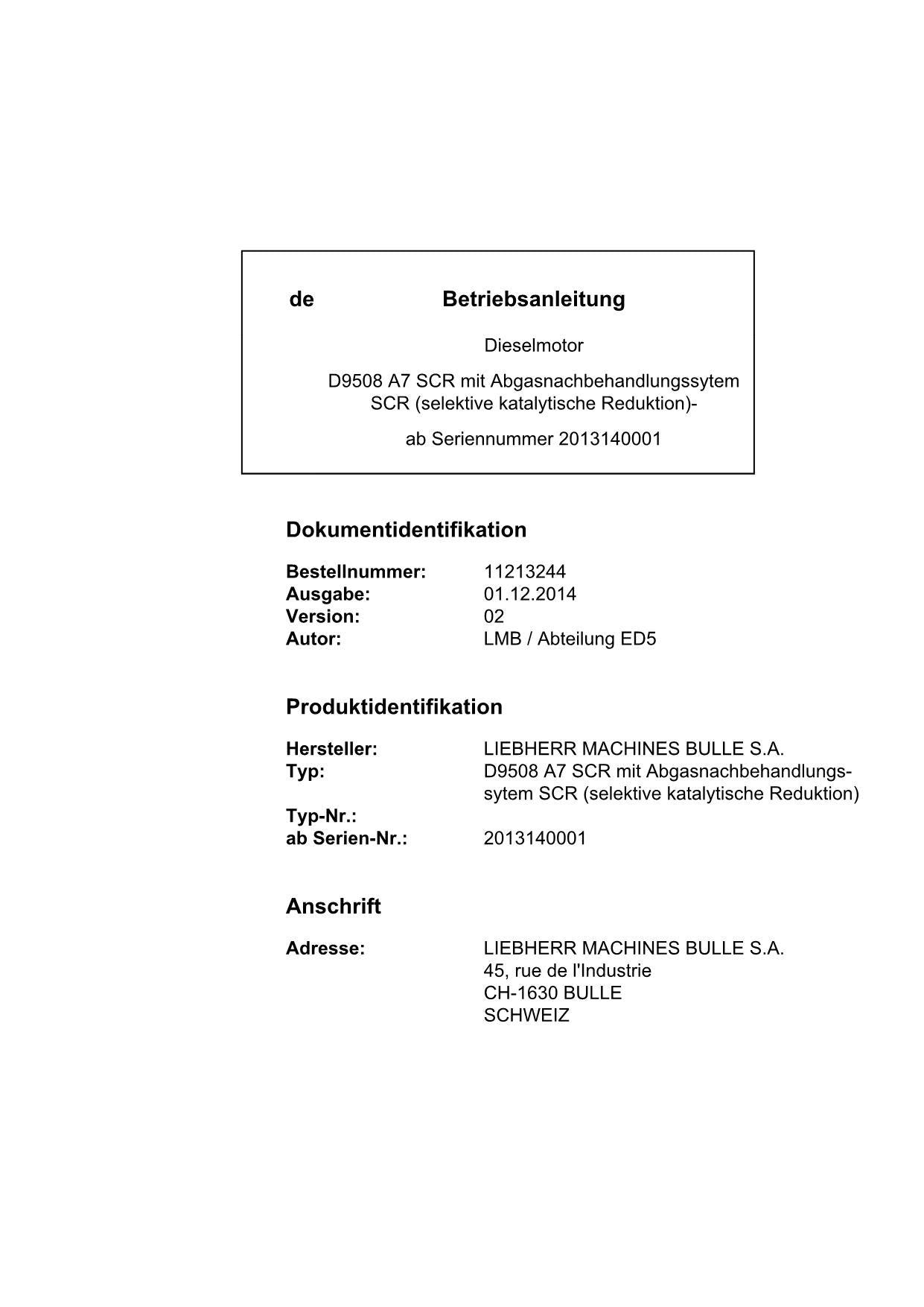 Liebherr D9508 A7 Moteur à réduction catalytique sélective SCR Manuel d'utilisation