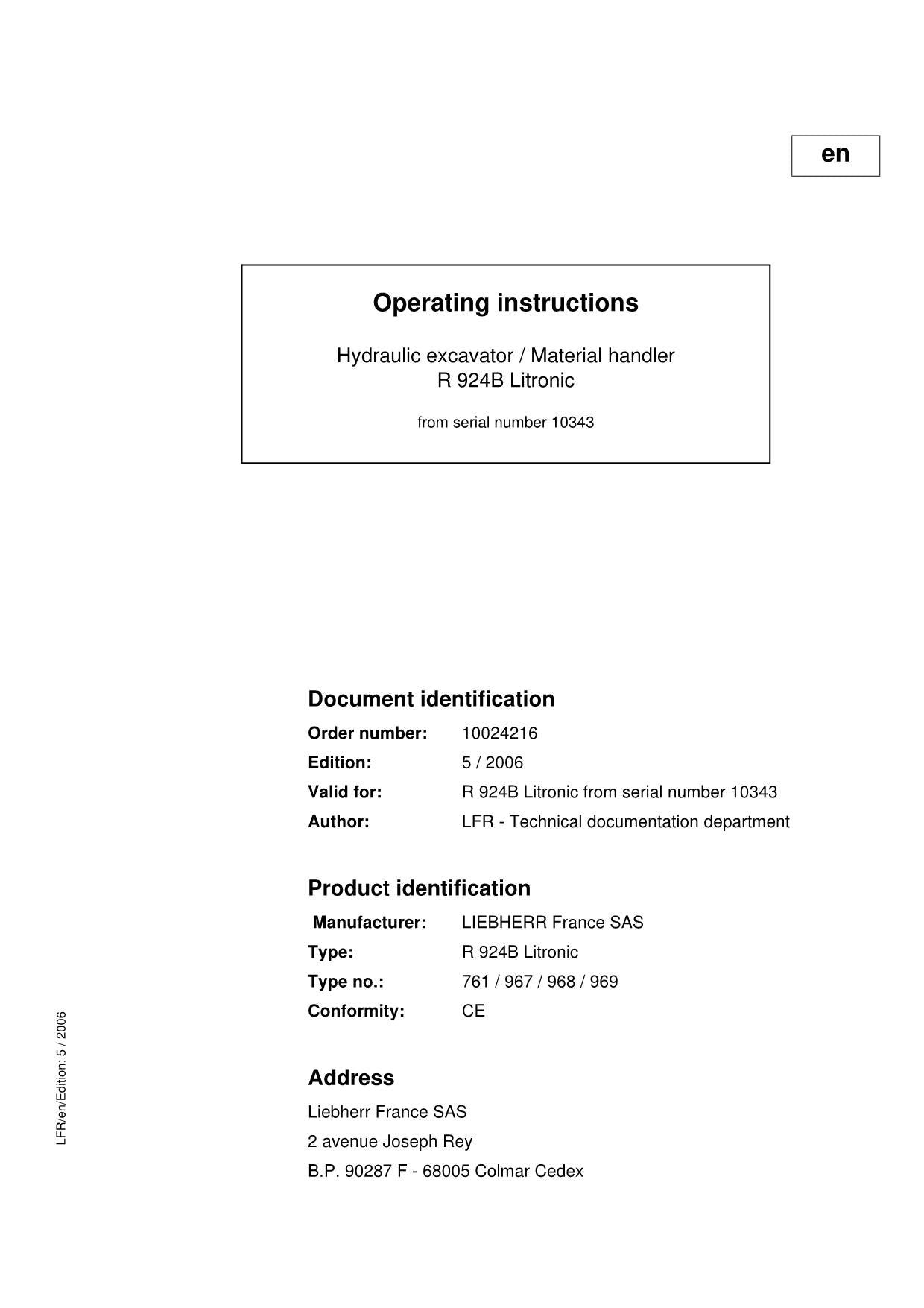 Liebherr R924 B Litronic Excavator Operators manual