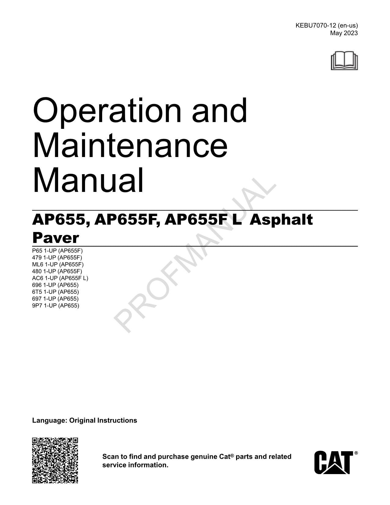 Manuel d'entretien de l'opérateur de la finisseuse d'asphalte Caterpillar AP655 AP655F AP655F L