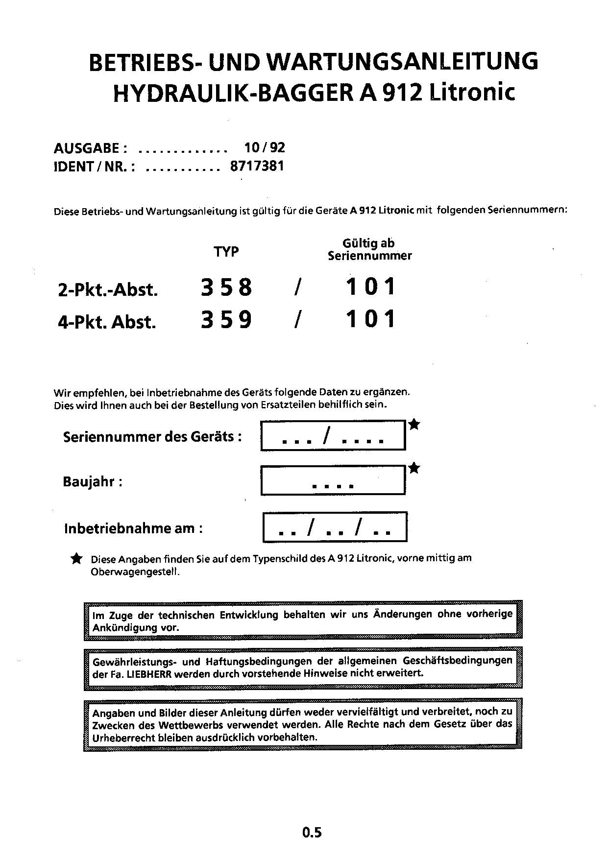 Liebherr A912 Litronic Hydraulikbagger Manuel d'instructions série 359/101