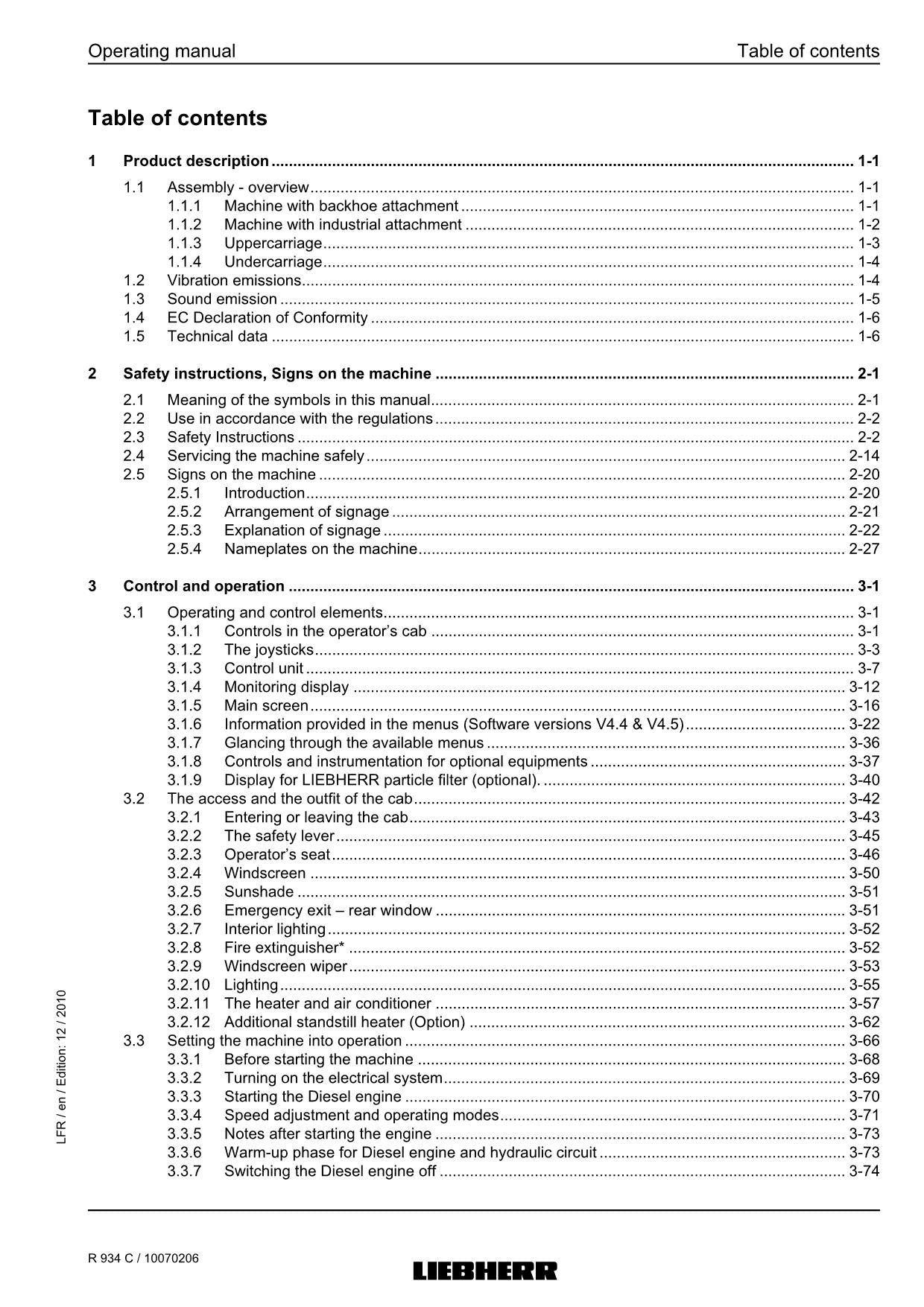 Liebherr R934 C Excavator Operators manual serial 26400