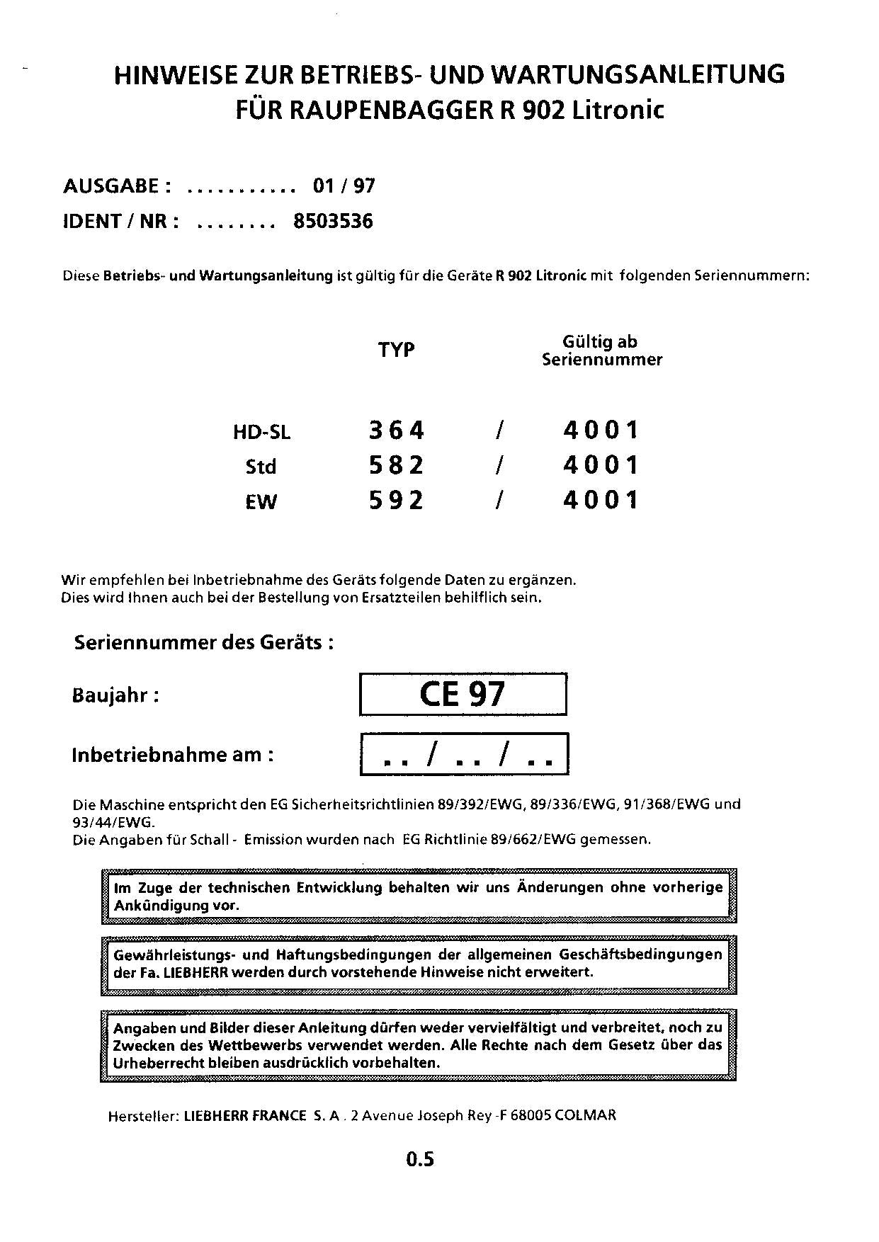 Liebherr R902 Litronic Hydraulikbagger Manuel d'instructions ser 4001