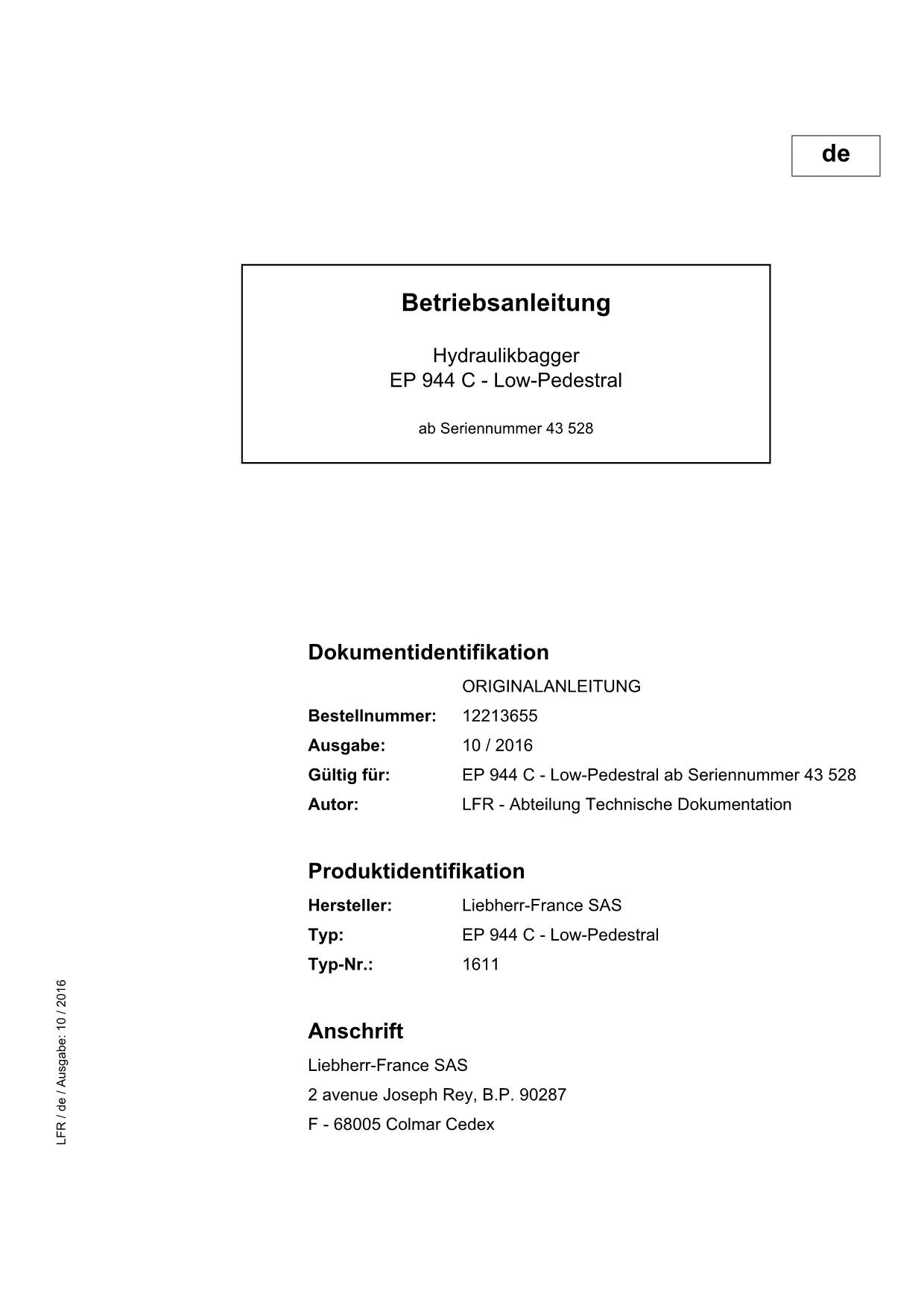 Liebherr EP944 C Ensacheuse hydraulique à pied bas Betriebsanleitung