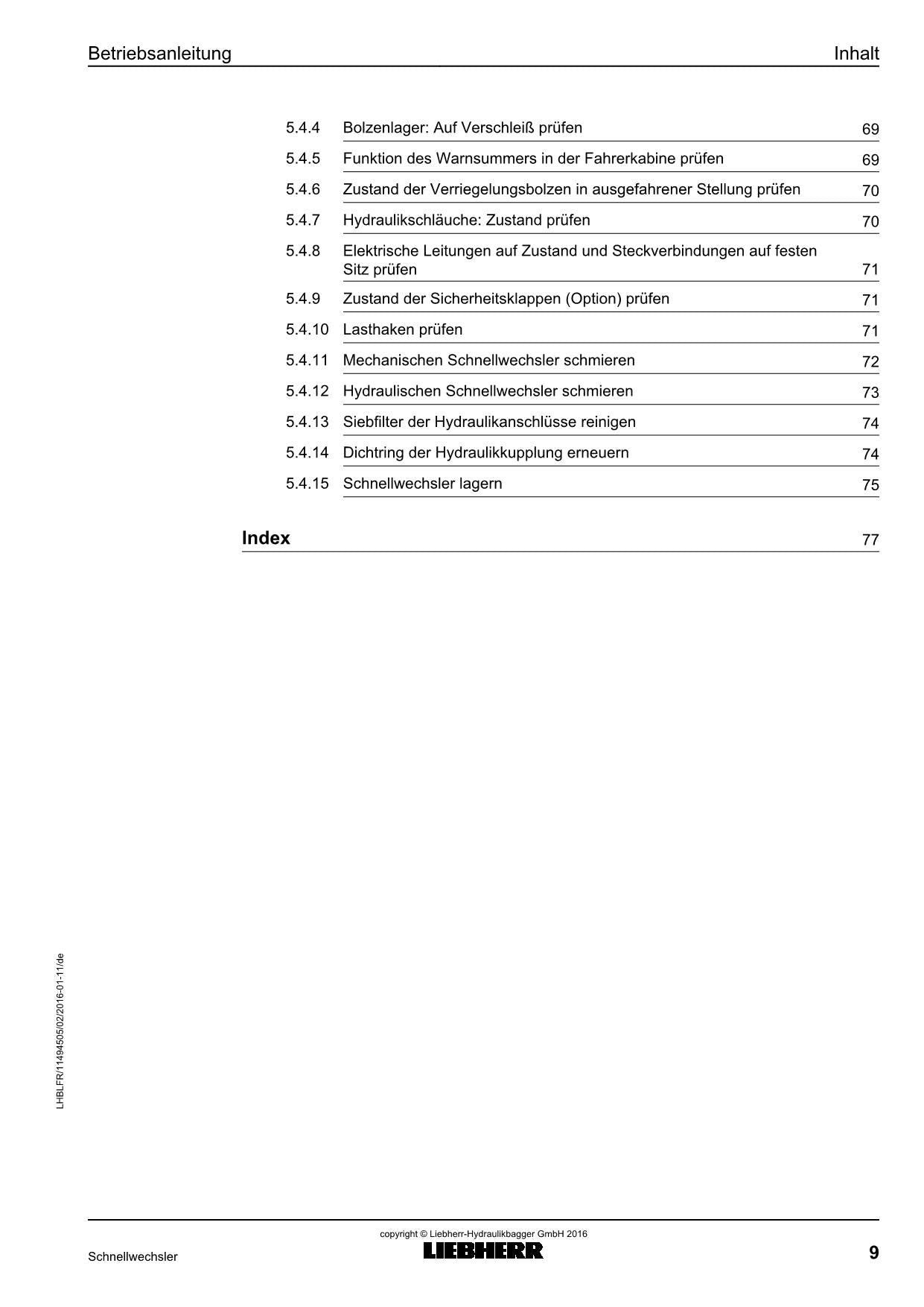 Liebherr SWA22 SWA33 SWA48 SWA66 SWA77 SWA92 Schnellwechsler Manuel d'instructions