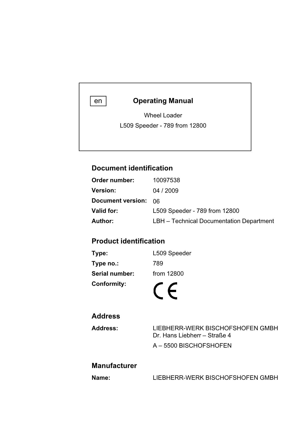 Liebherr L509 Speeder Wheel Loader Operators manual