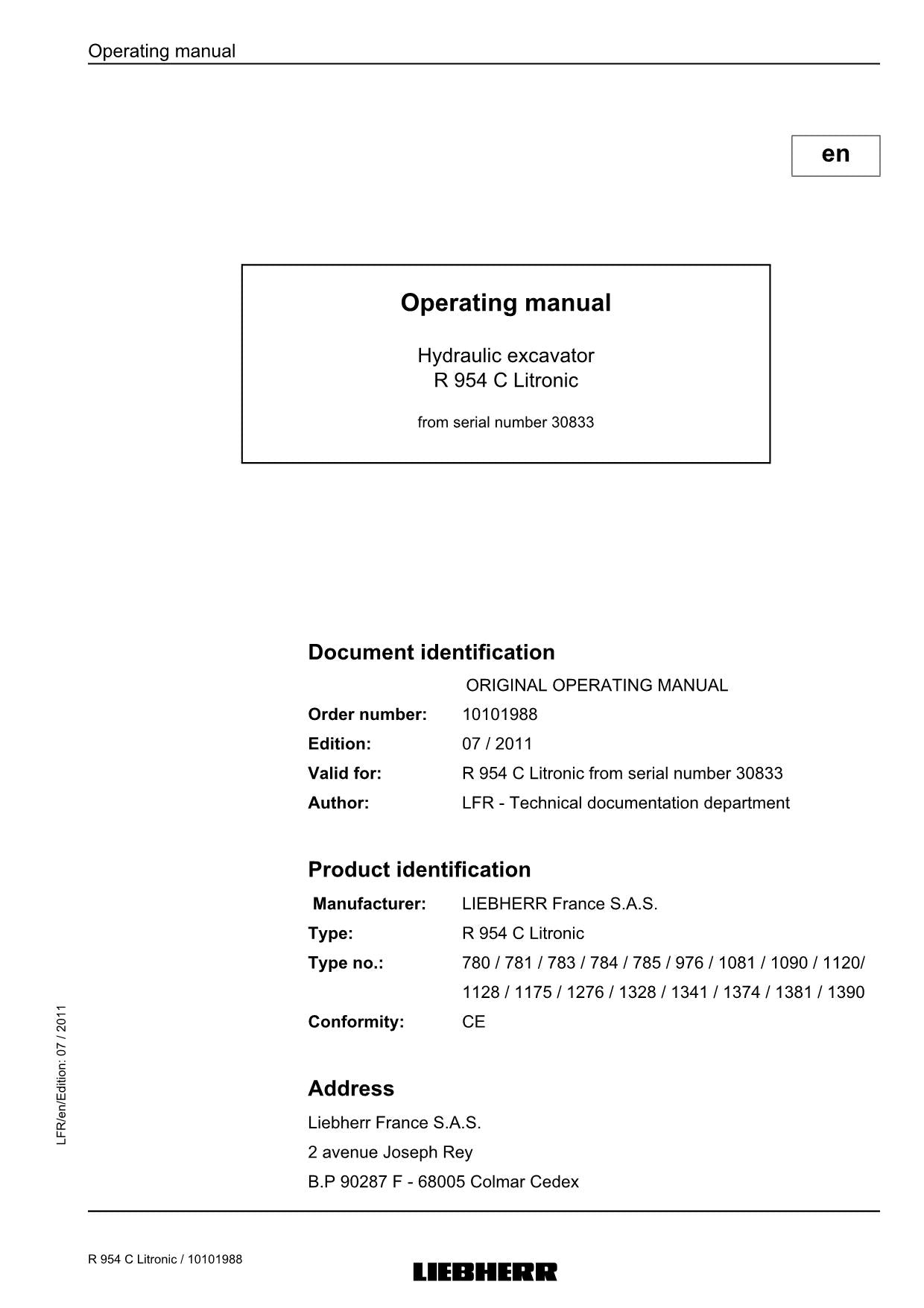 Manuel d'utilisation de la pelle Liebherr R954 C Litronic, numéro de série 30833